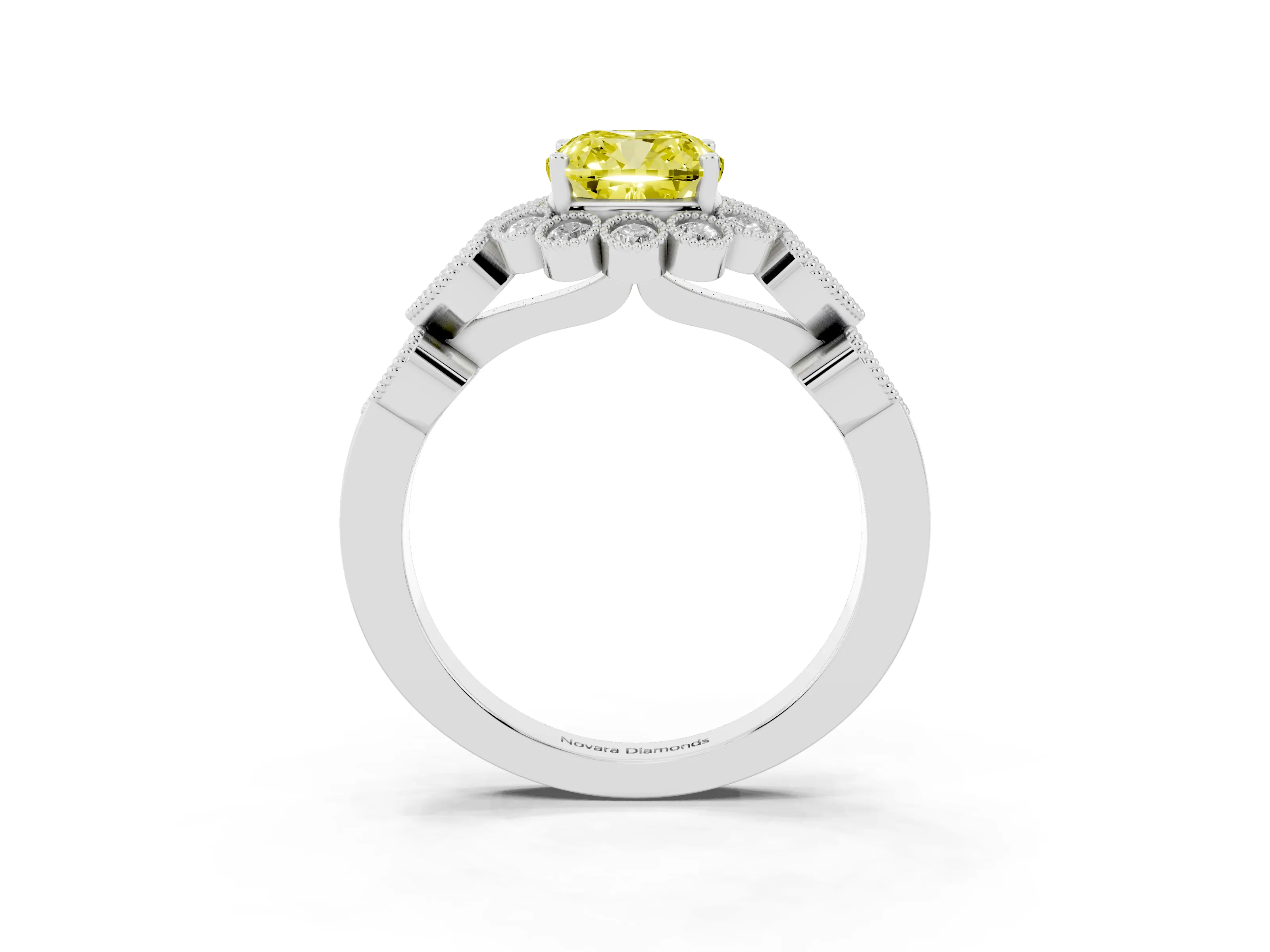 Fancy Yellow Cushion Cut Diamond Solitaire Ring Set in Platinum with Milgrain Pavé Heart Band