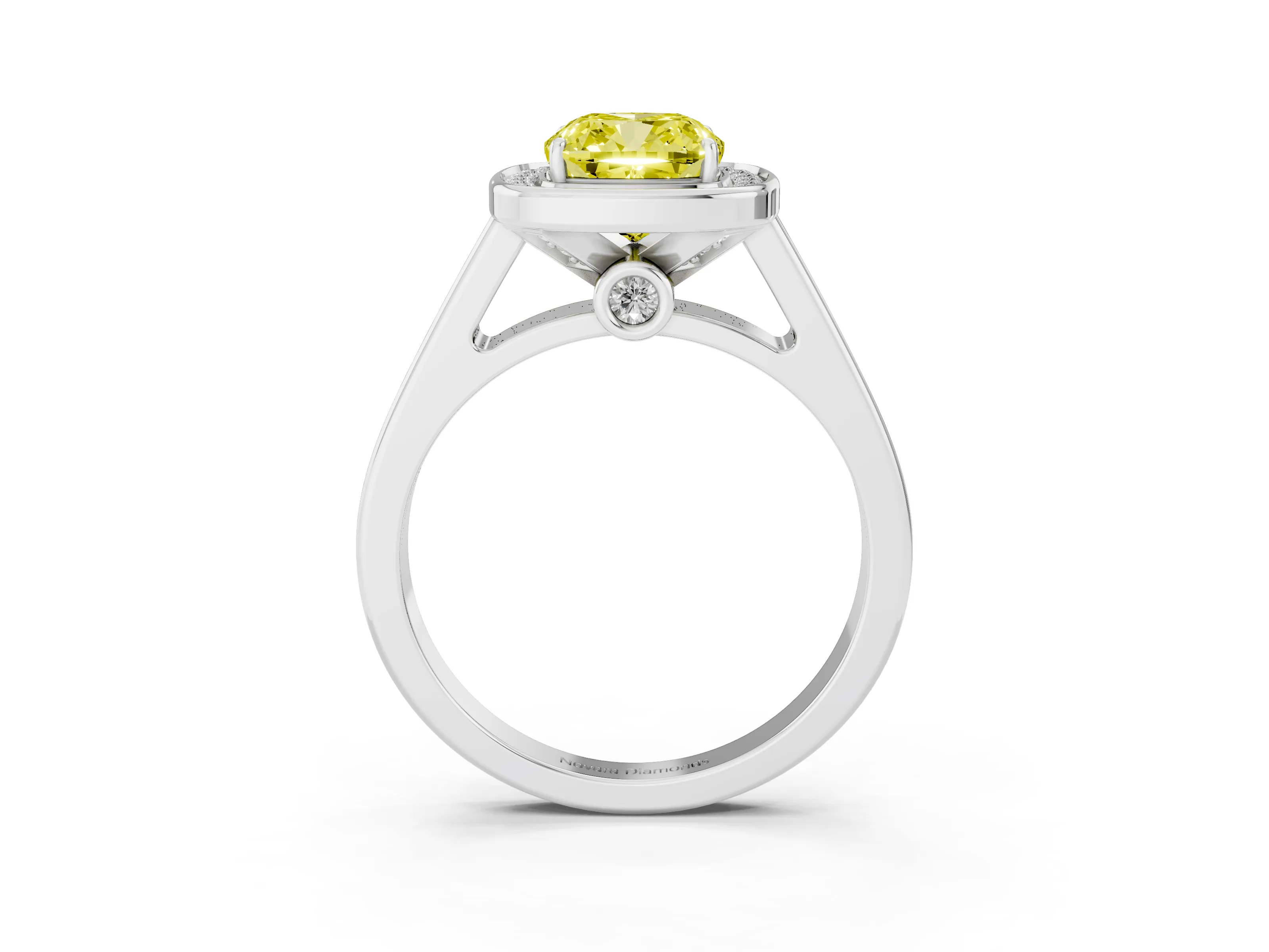 Fancy Yellow Cushion Cut Diamond Halo Solitaire Ring Set in Silver with Pavé Band and Bezel Setting