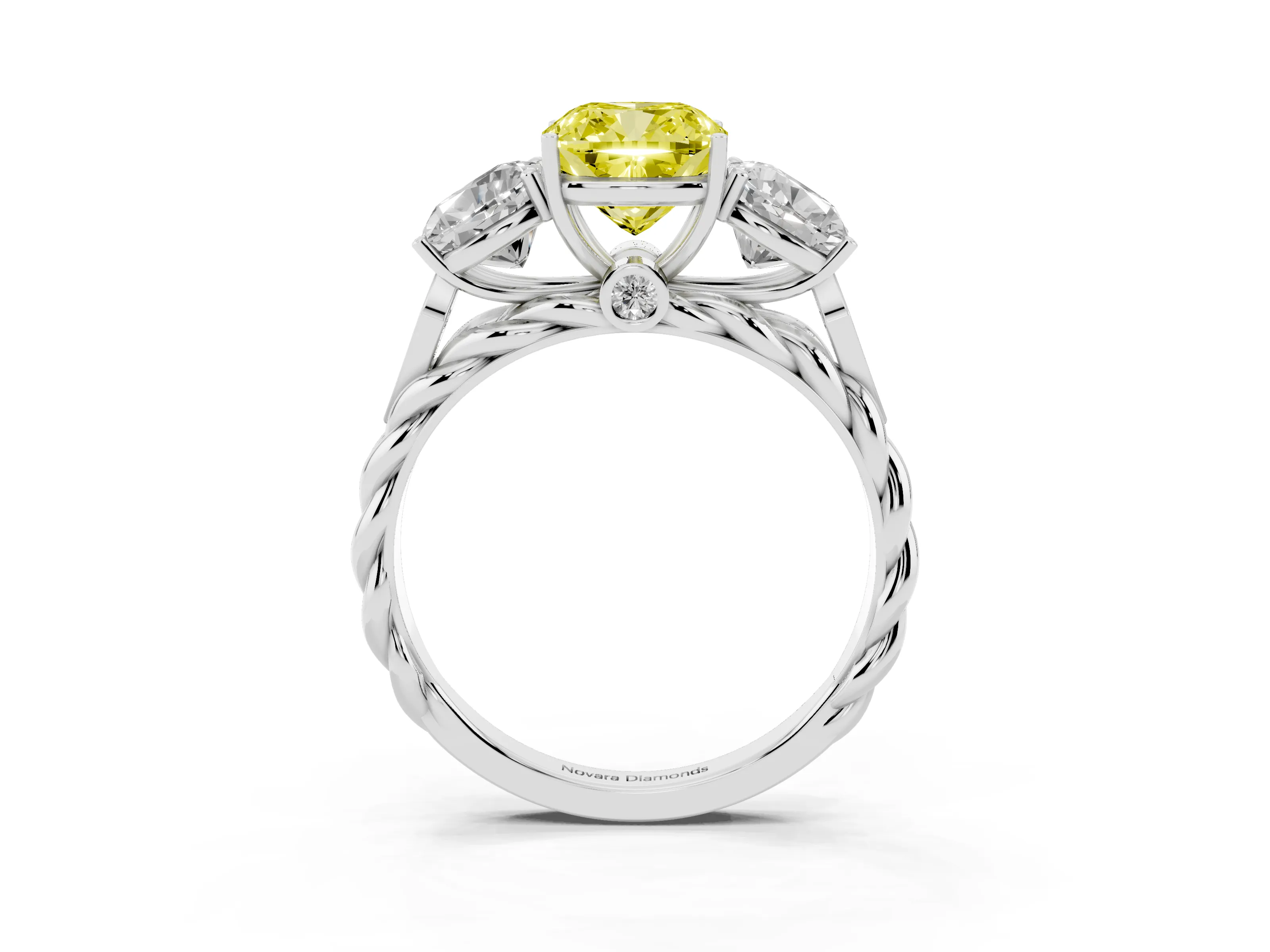 Fancy Yellow Cushion Cut Diamond Three-Stone Ring Set in Platinum with Braided Band