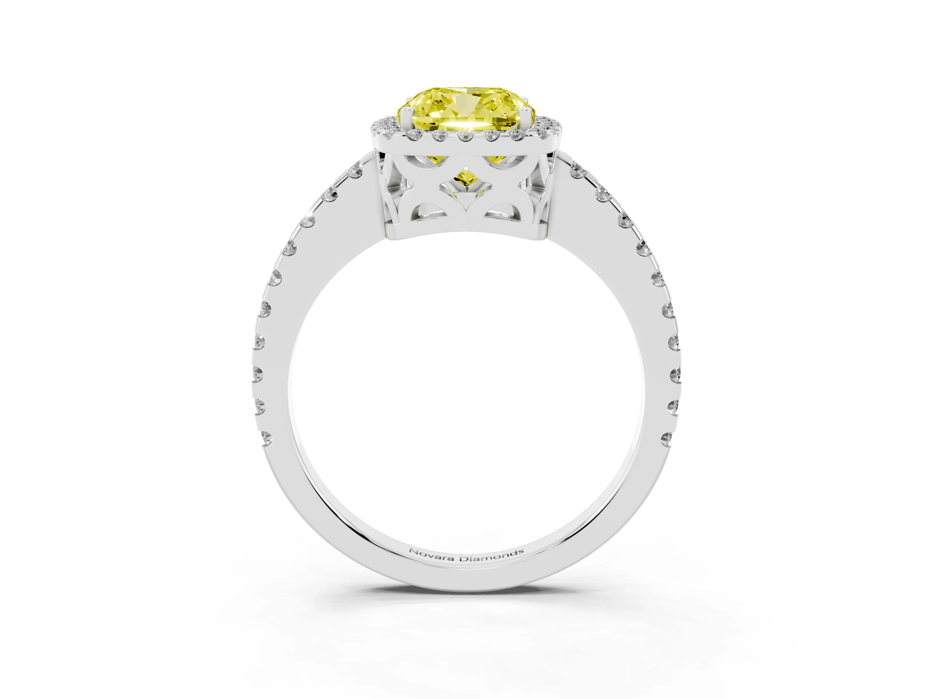 Fancy Yellow Cushion Cut Diamond Halo Ring Set in Silver with Pavé Shoulders and Halo-Framed Center