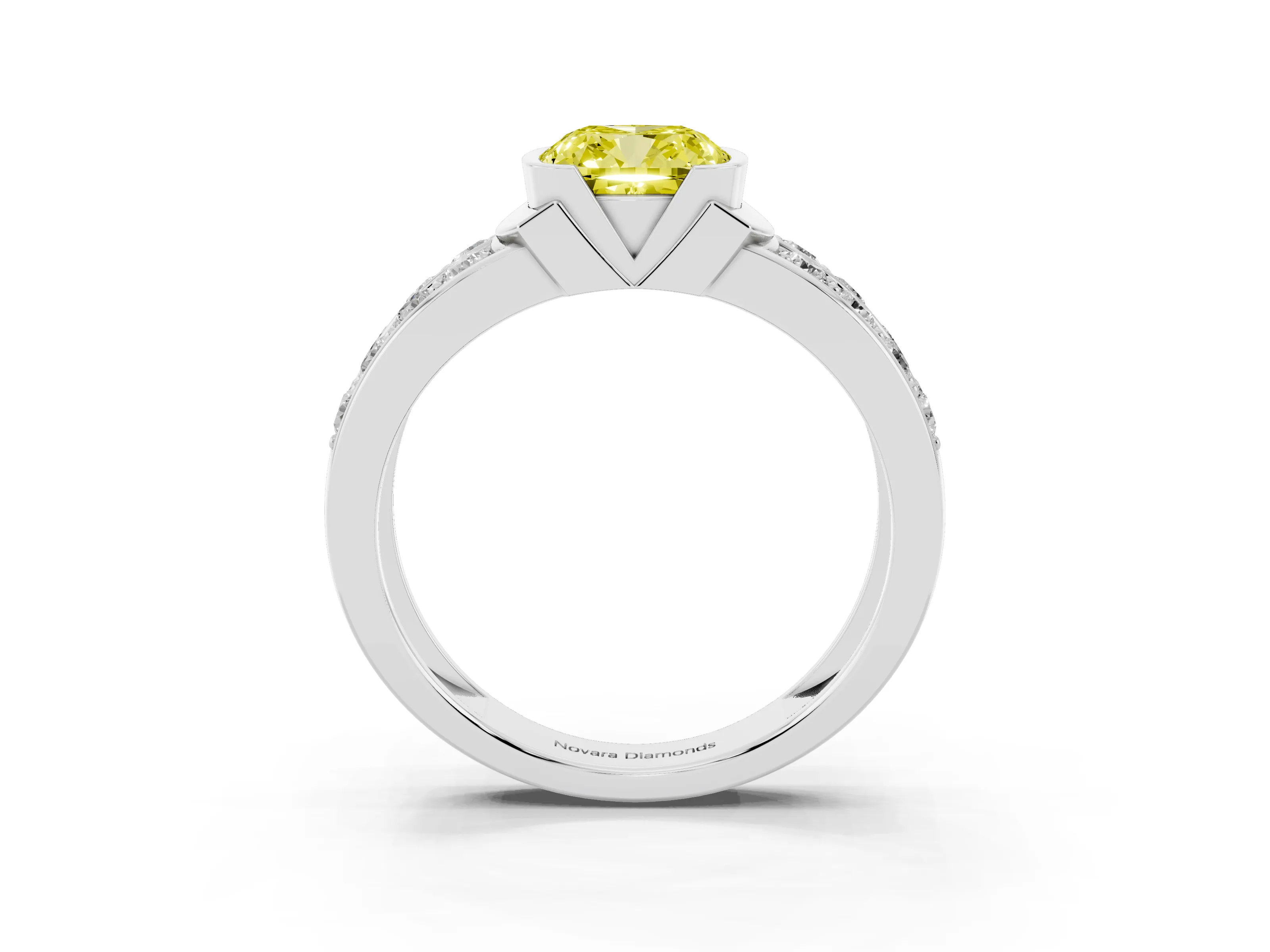Fancy Yellow Cushion Cut Diamond Wide Channel Set Band Ring Set in Silver with Bezel Setting