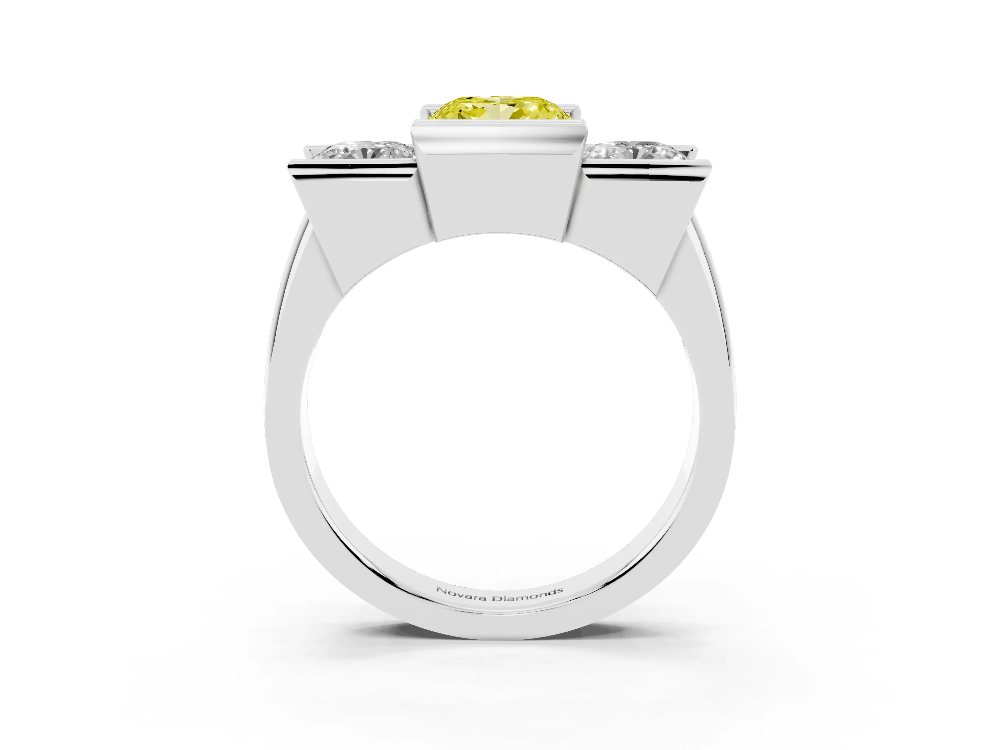 Fancy Yellow Cushion Cut Diamond Three-Stone Channel Set Ring Set in Platinum with Smooth Polished Band