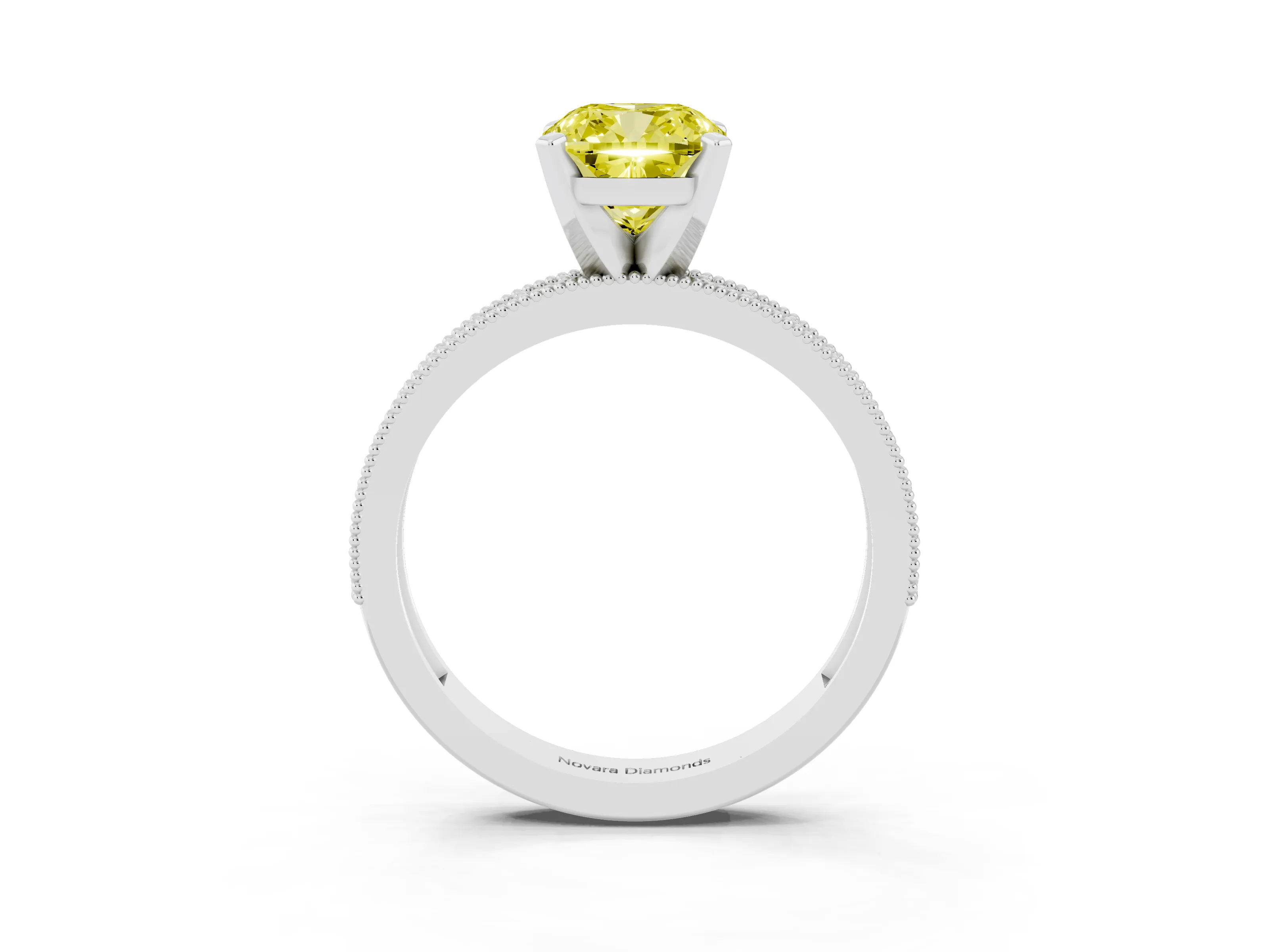 Fancy Yellow Cushion Cut Diamond Milgrain Pavé Engagement Ring Set in Platinum with Prong Setting