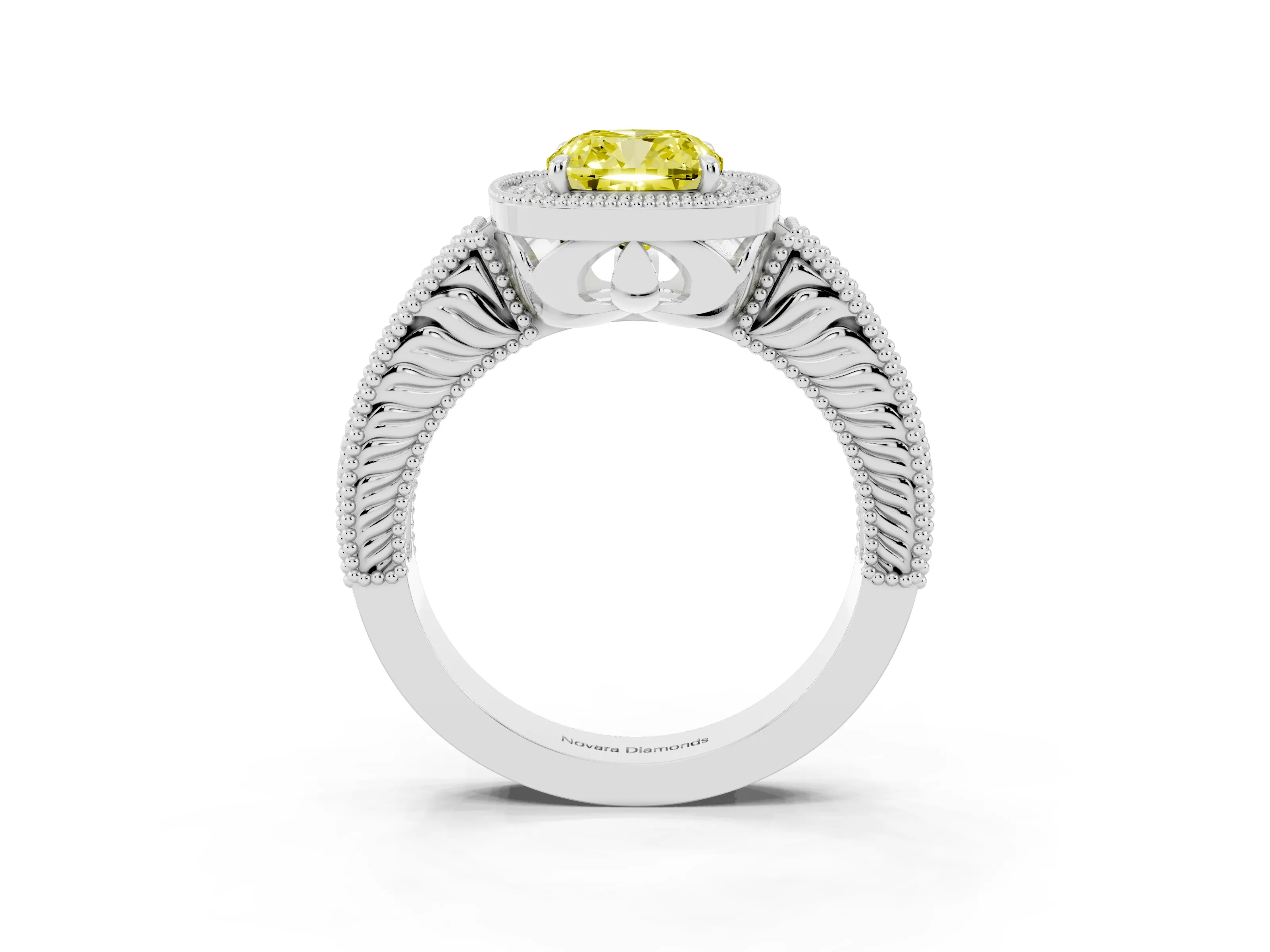 Fancy Yellow Cushion Cut Diamond Halo Ring Set in White gold with Round Accent Halo, Pavé Band and Prong Setting