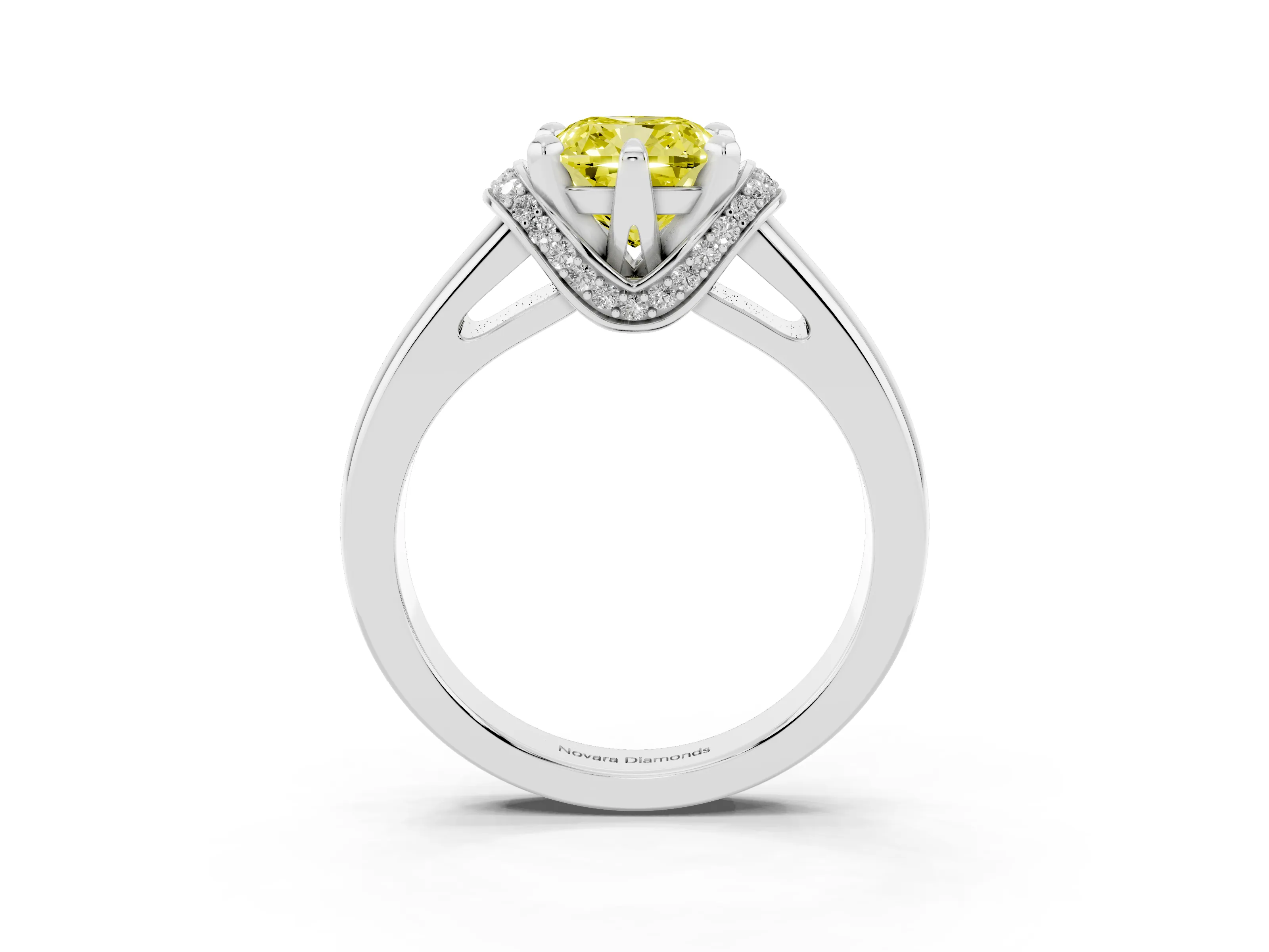 Fancy Yellow Cushion Cut Diamond Pavé Band Solitaire Ring Set in Silver with Prong Setting