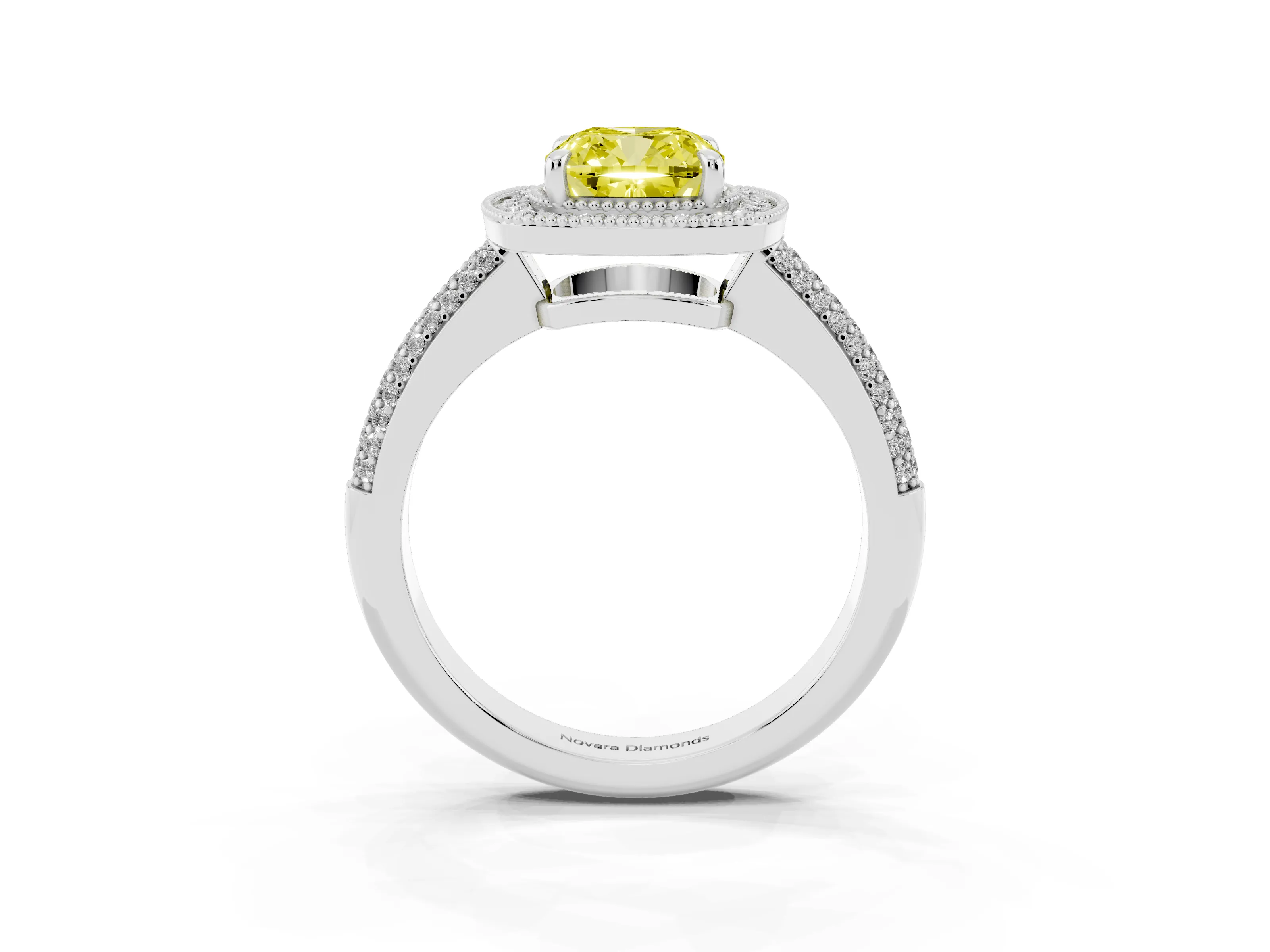 Fancy Yellow Cushion Cut Diamond Halo Pavé Band Set in Platinum with Prong Setting