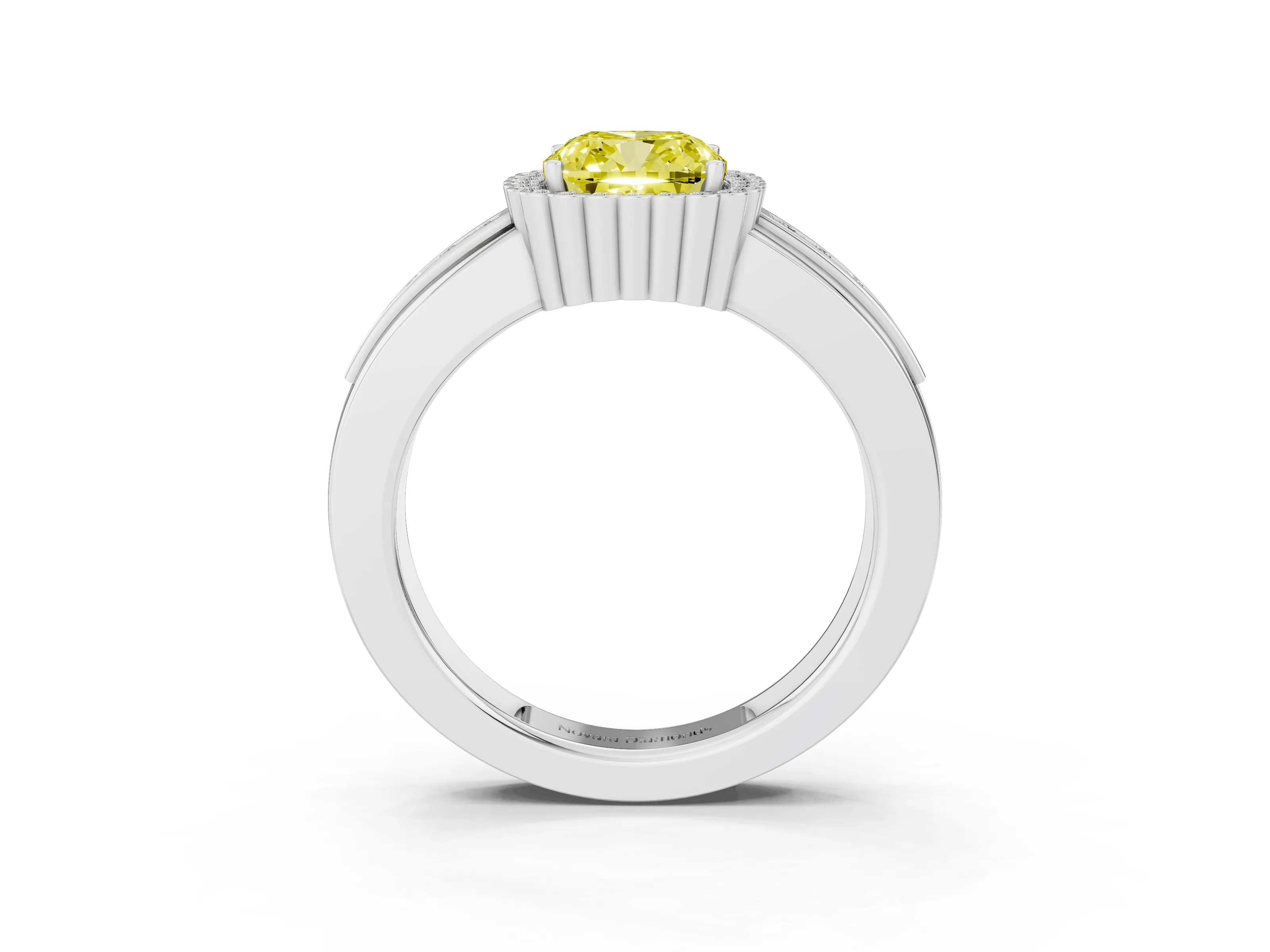 Fancy Yellow Cushion Cut Diamond Halo Prong Ring Set in White gold with Pavé Band