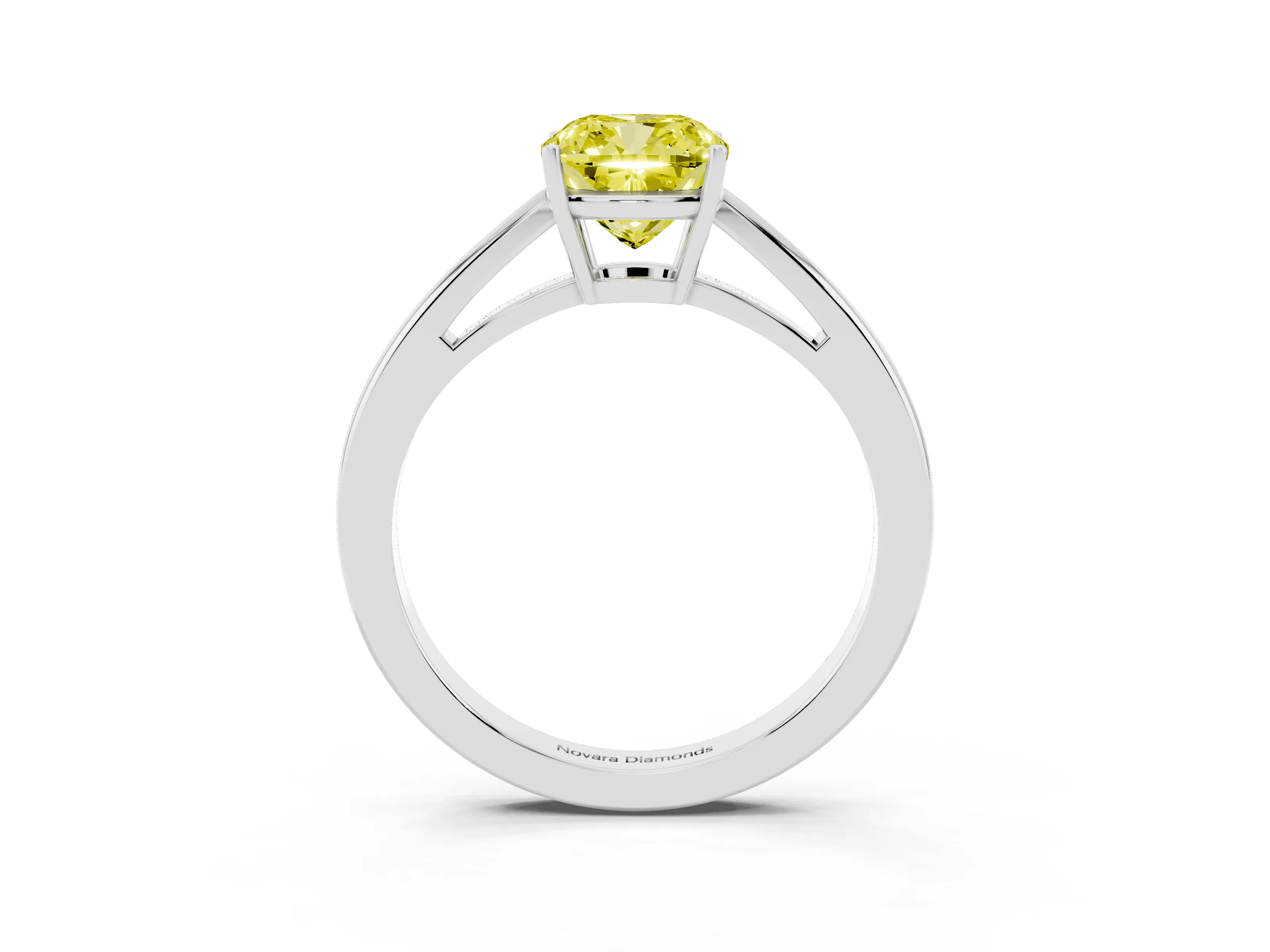 Fancy Yellow Cushion Cut Diamond Solitaire Ring Set in Silver with Split Shank and Prong Setting