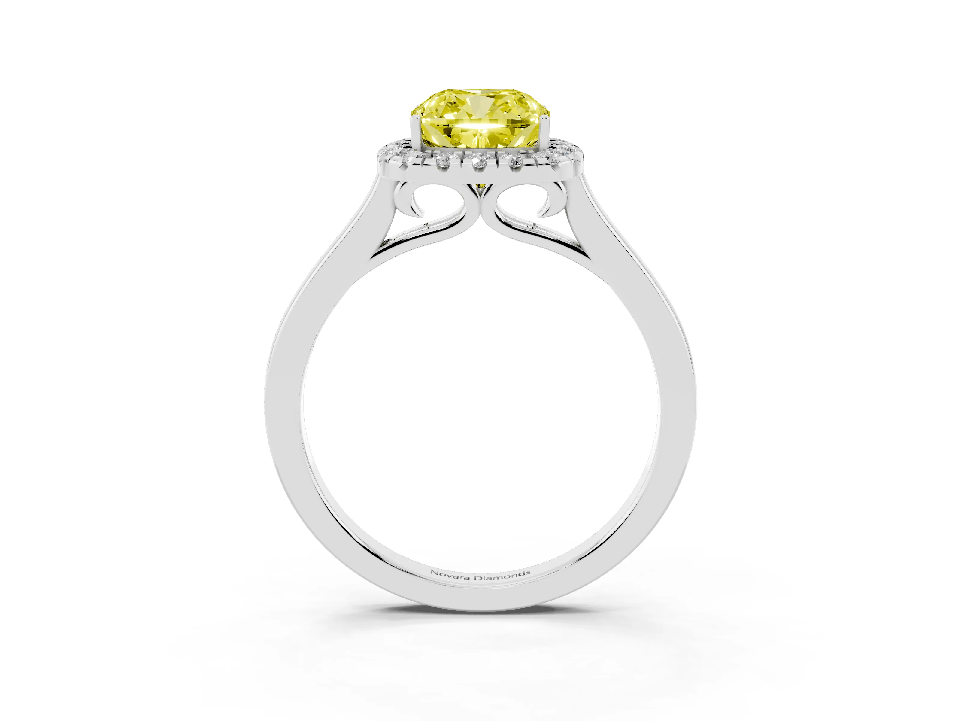 Fancy Yellow Cushion Cut Halo Round Diamond Solitaire Ring Set in White gold with Pavé Band and Prong Setting