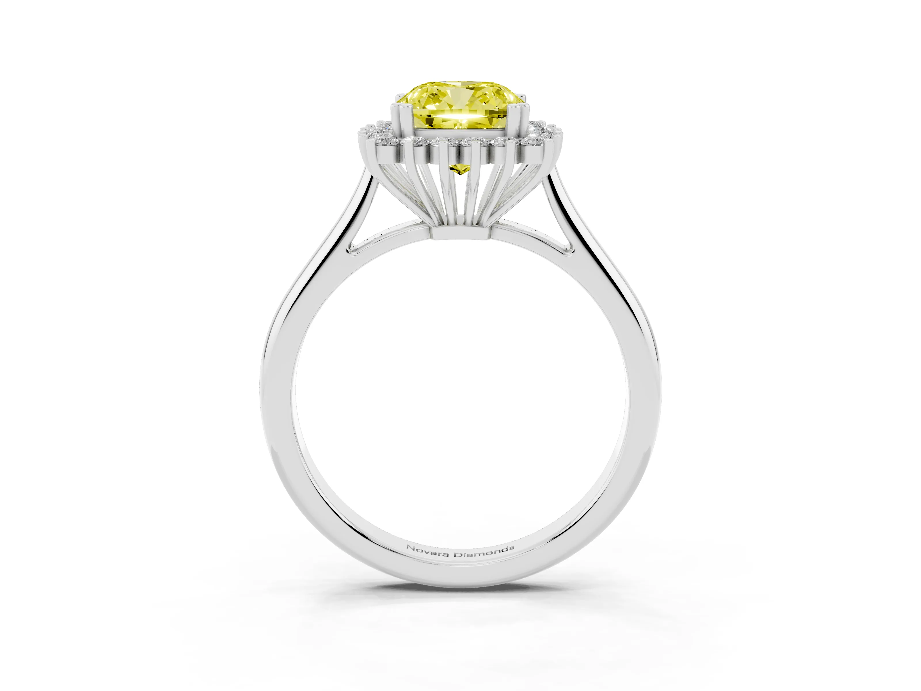 Fancy Yellow Cushion Cut Diamond Halo Ring Set in Platinum with Plain Solitaire Band and Prong Setting