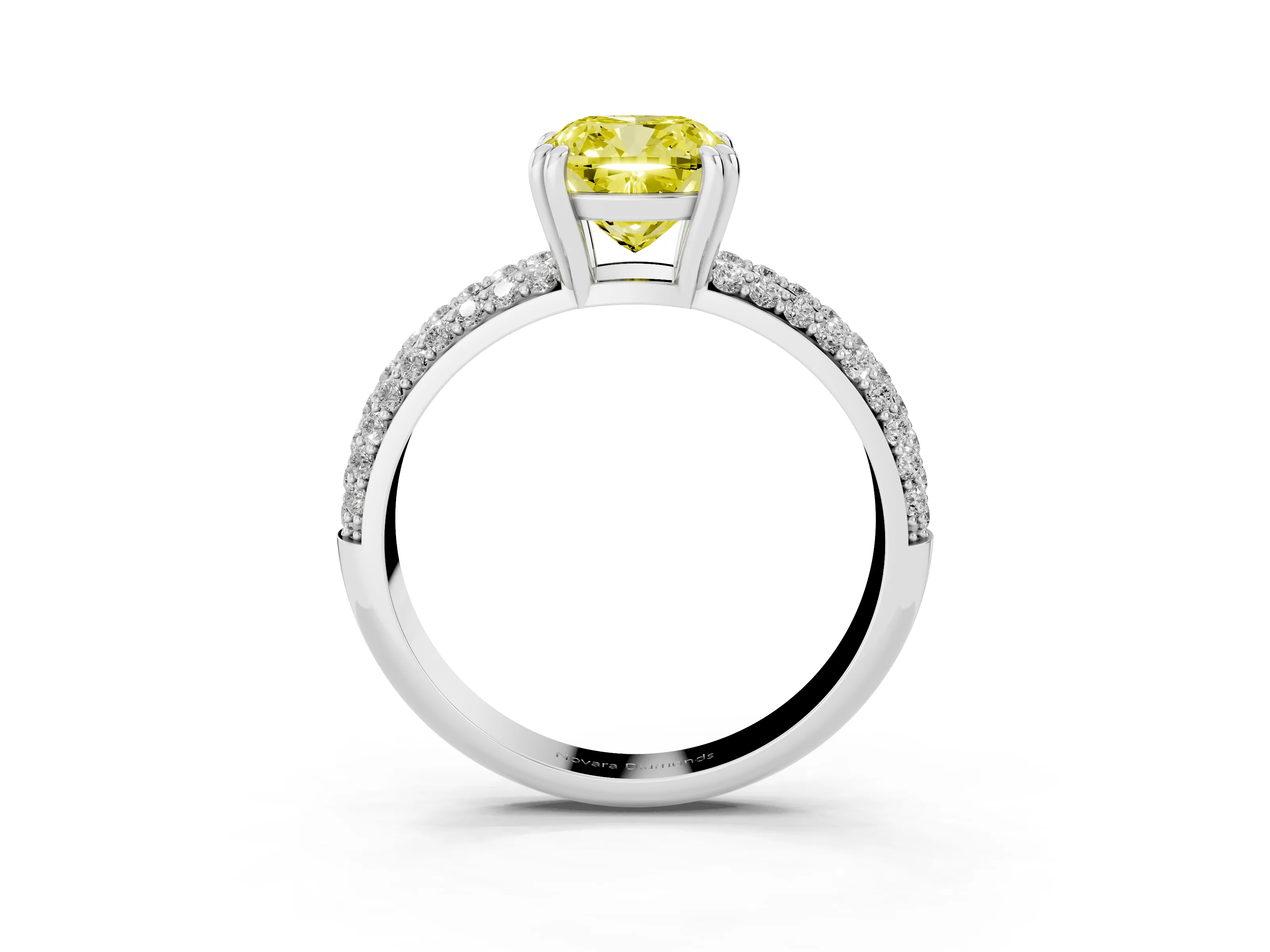 Fancy Yellow Cushion Cut Diamond Solitaire Ring Set in Platinum with Multi-Row Round Pavé Band and Prong Setting