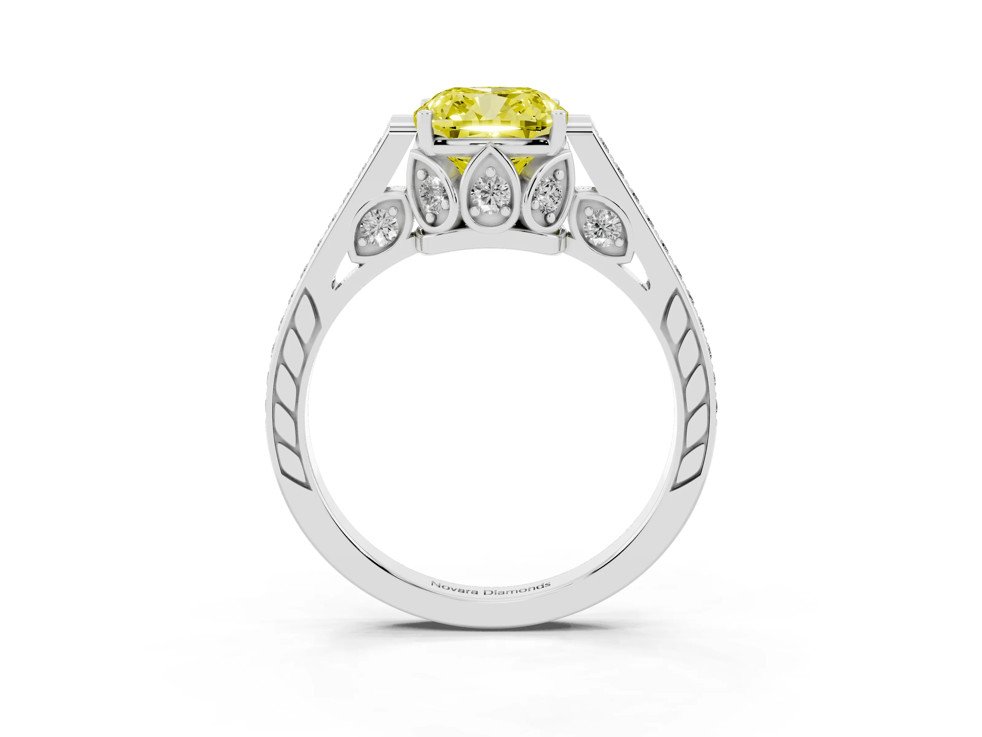 Fancy Yellow Cushion Cut Diamond Cathedral Pavé Engagement Ring Set in Platinum with Prong Setting