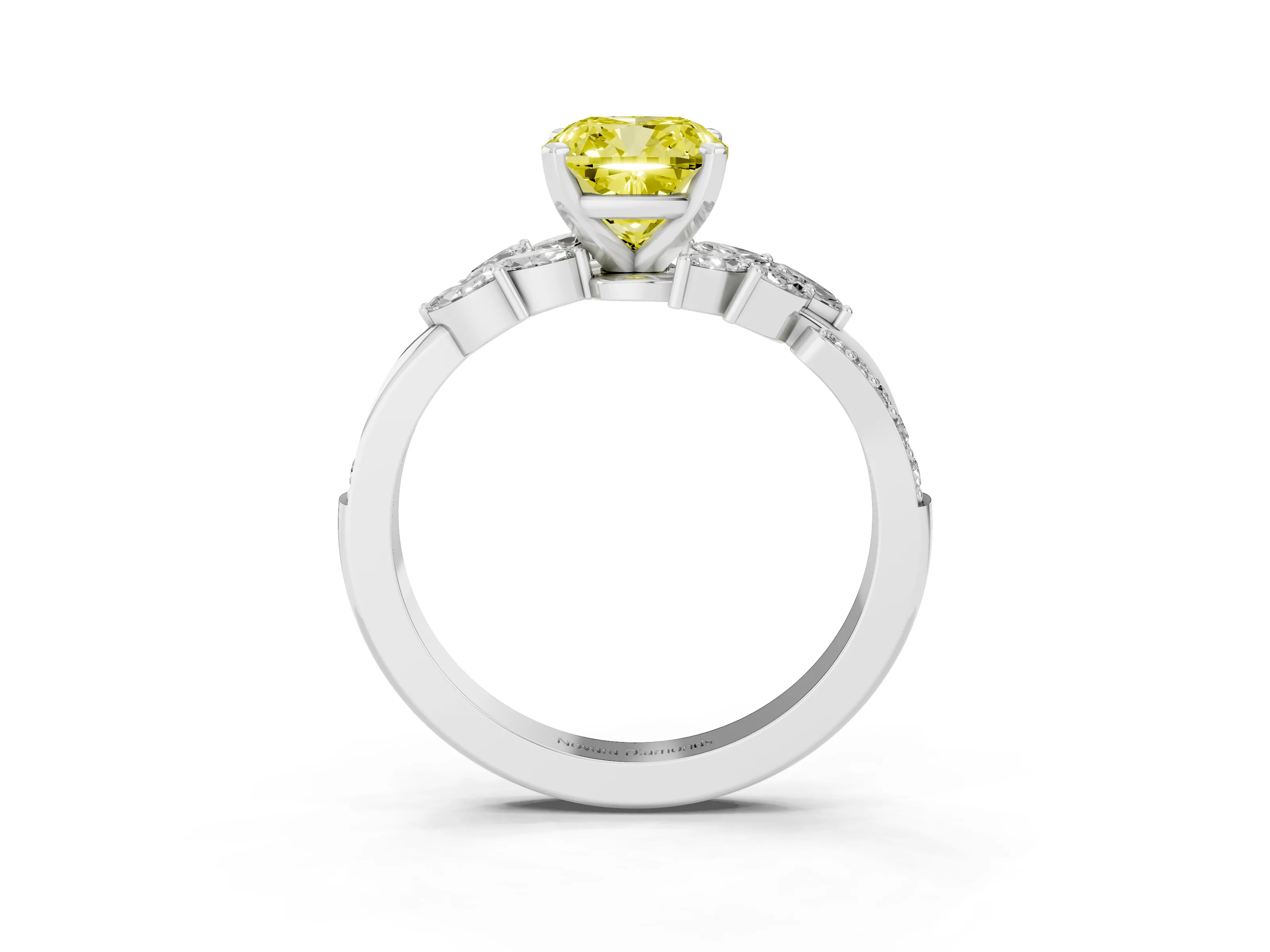 Fancy Yellow Cushion Cut Diamond Solitaire Ring Set in Platinum with Marquise Twist Band and Prong Setting