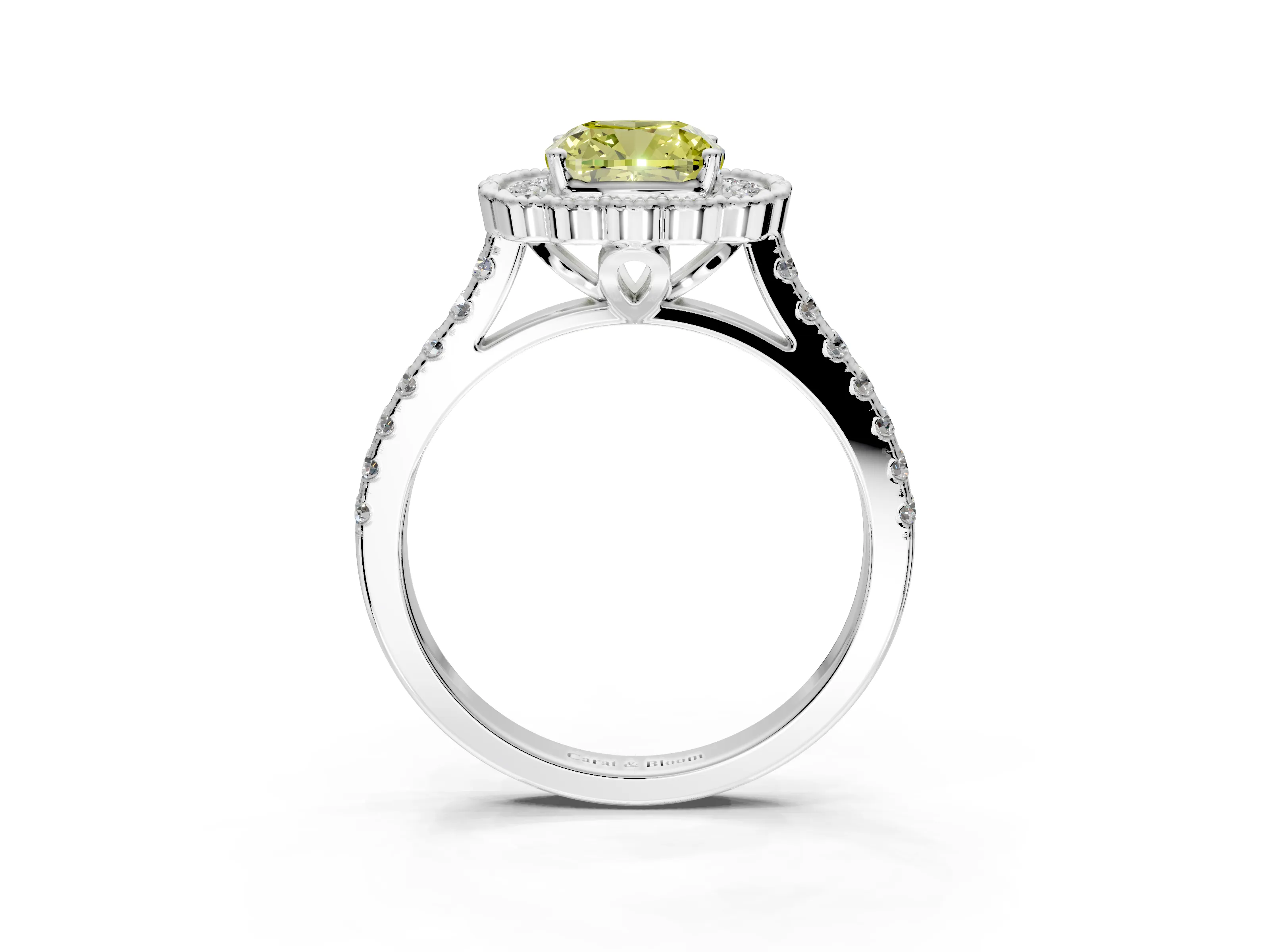 Milgrain Floral Halo Engagement Ring Setting for Fancy Yellow Cushion Cut Center with Pave Band and Prong Head in White Gold