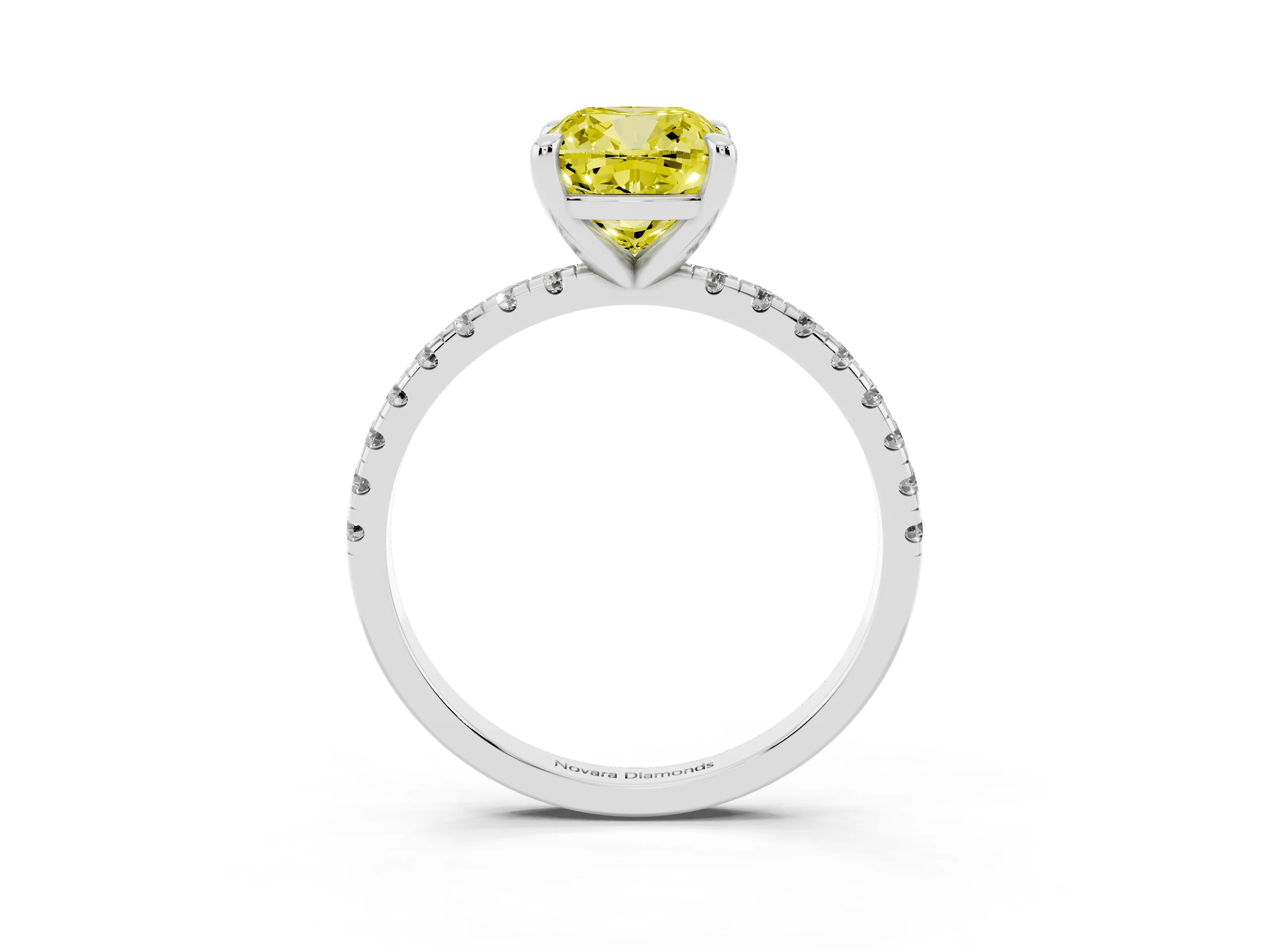 Fancy Yellow Cushion Cut Diamond Brilliant Solitaire Ring Set in Platinum with Pavé Band and Prong Setting