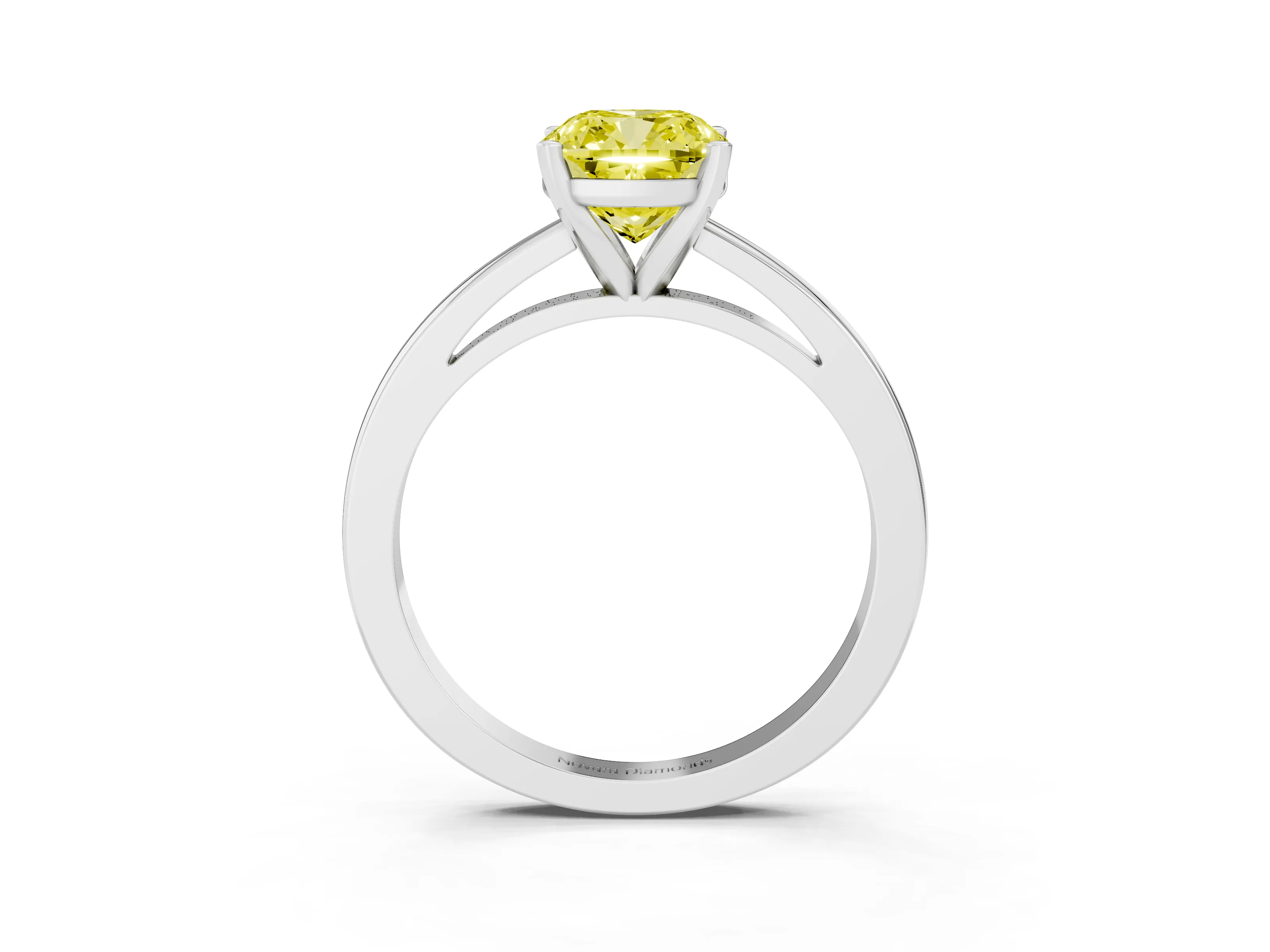 Fancy Yellow Cushion Cut Diamond Solitaire Engagement Ring Set in Platinum with Prong Setting on a Classic Band