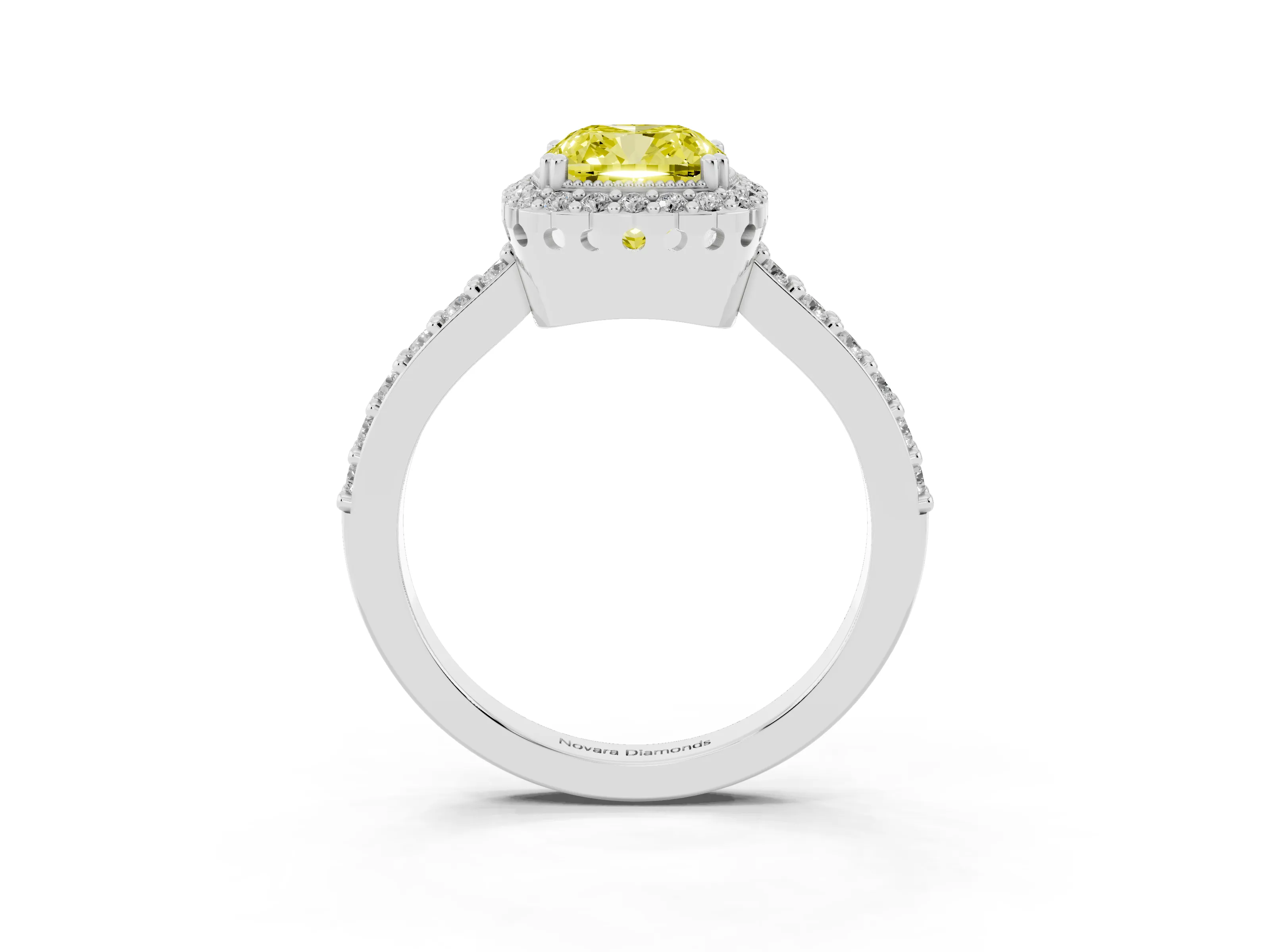 Fancy Yellow Cushion Cut Diamond Halo Engagement Ring Set in Silver with Milgrain Detail and Pavé Band