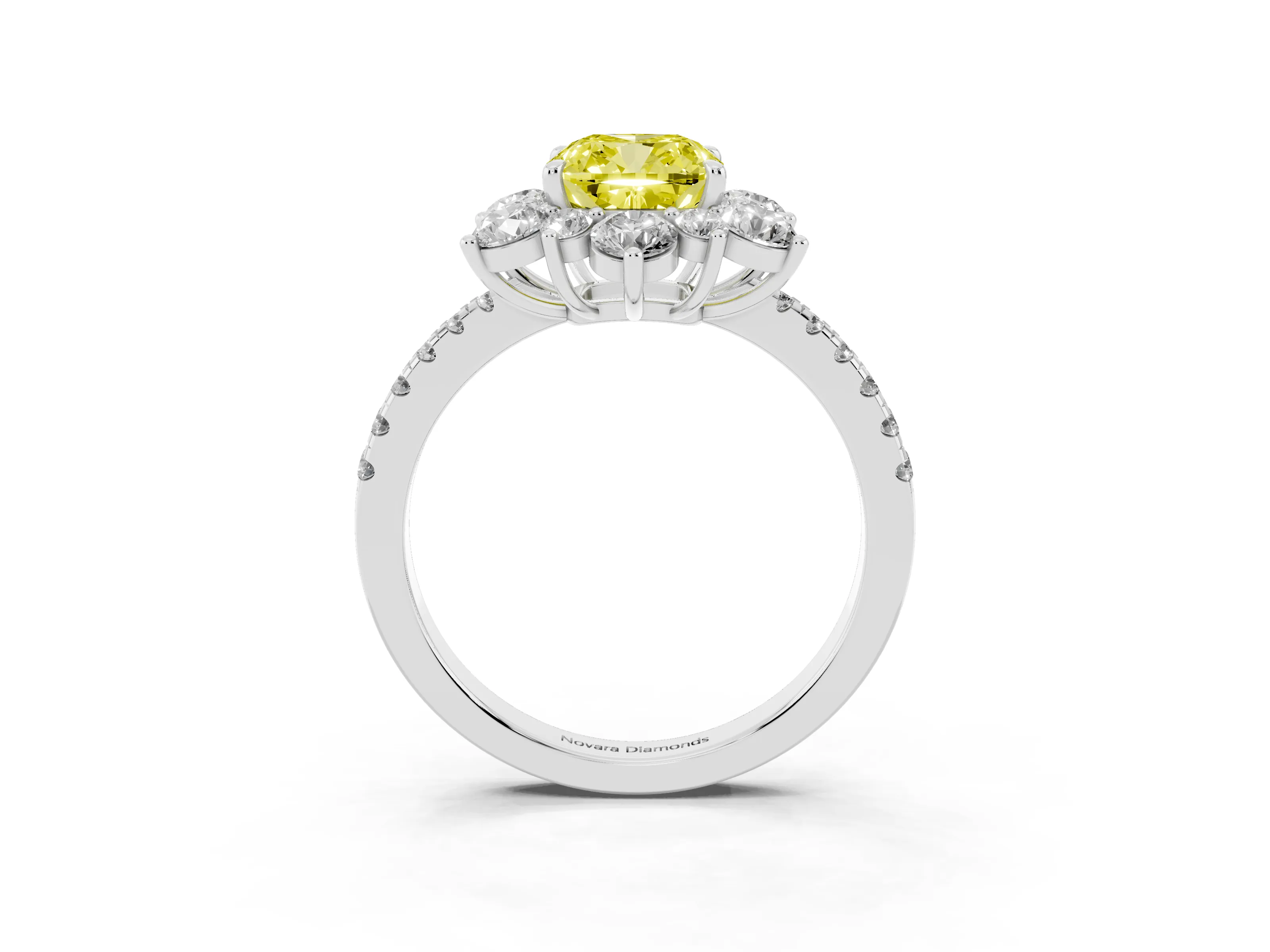 Fancy Yellow Cushion Cut Diamond Floral Halo Ring Set in Silver with Round Pavé Band and Prong Setting