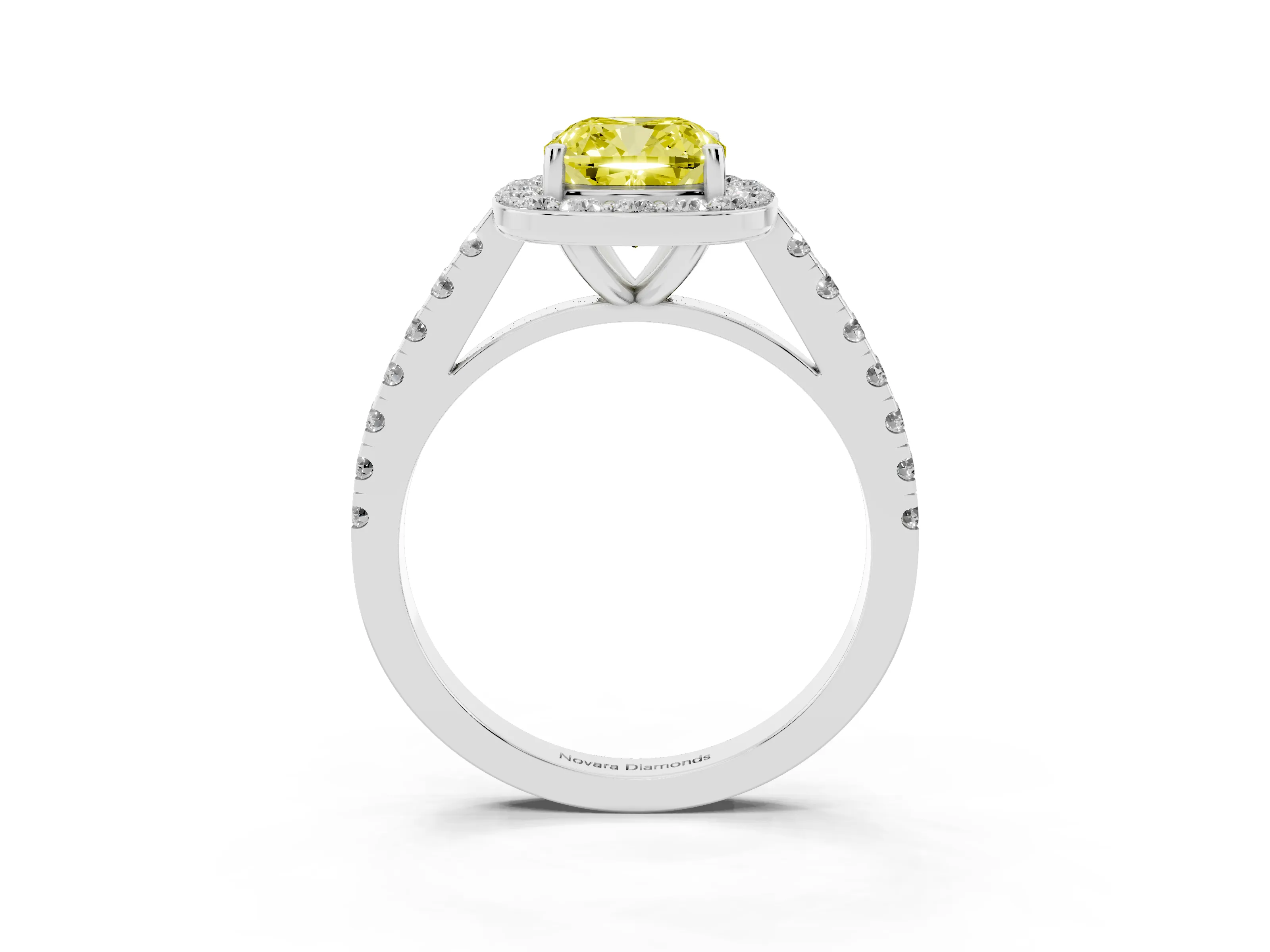 Fancy Yellow Cushion Cut Diamond Halo Ring Set in White gold with Round Pavé Split Shank and Prong Setting