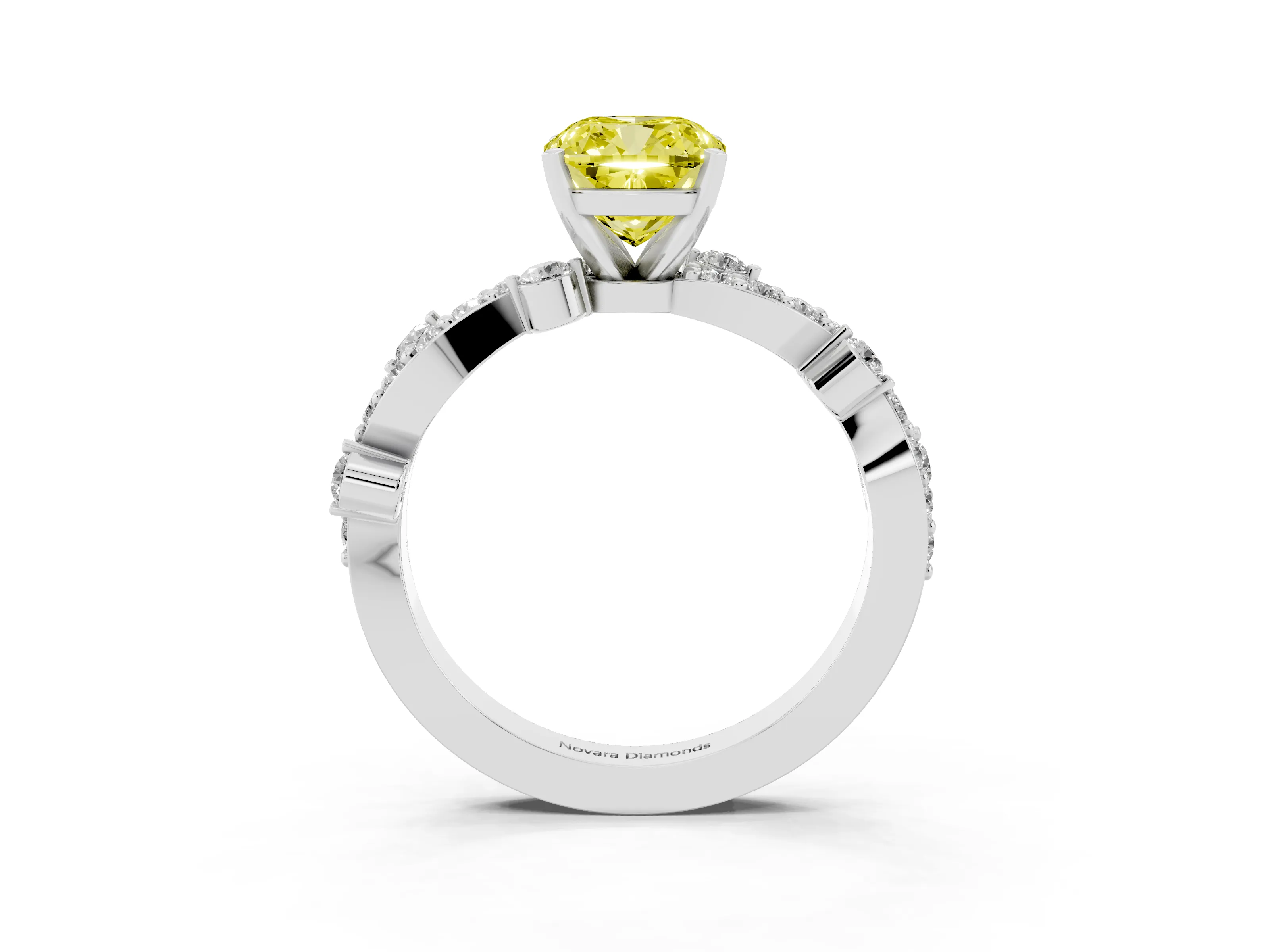 Fancy Yellow Cushion Cut Diamond Solitaire Twisted Band Set in White gold with Pavé Setting