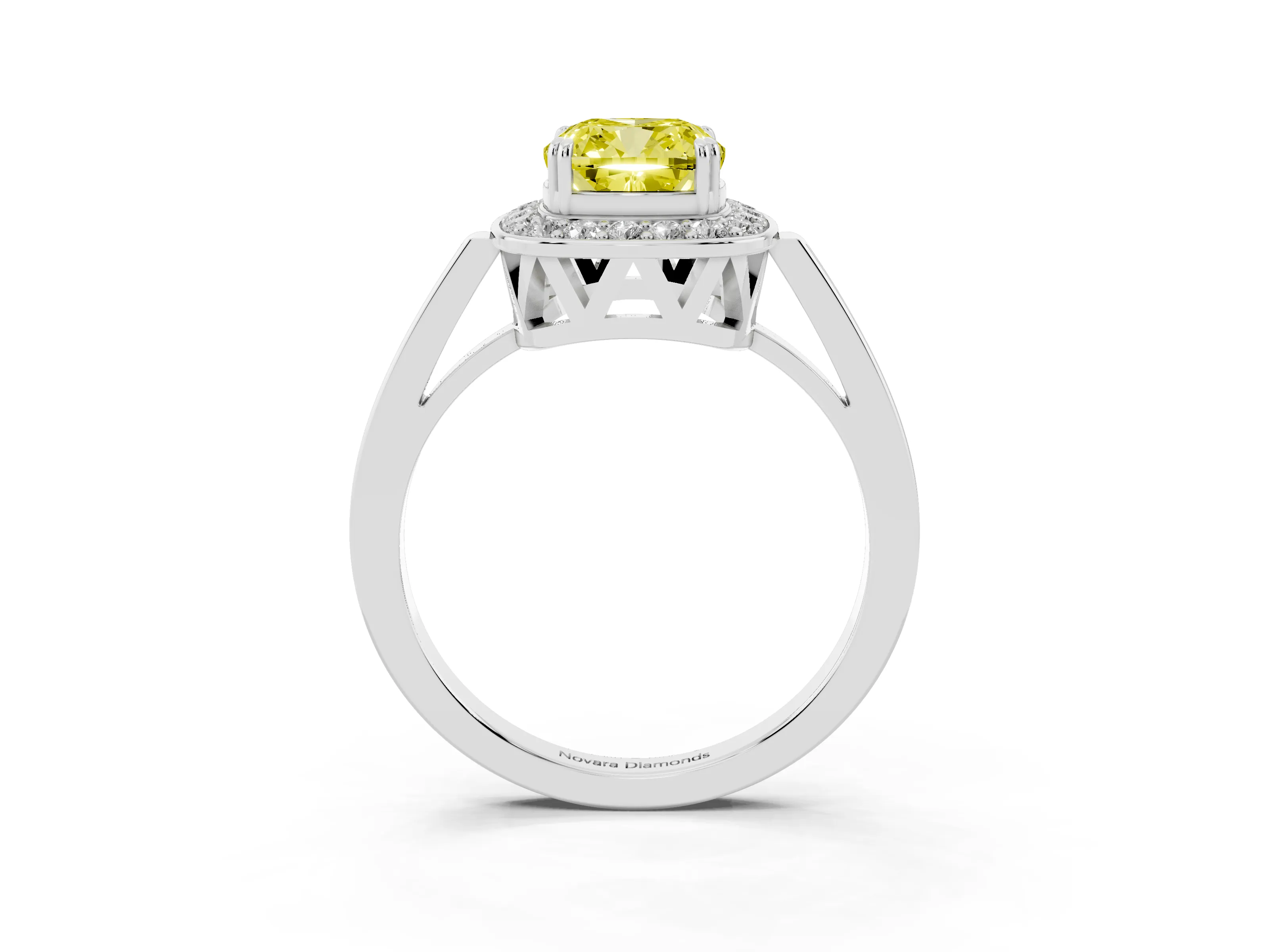 Fancy Yellow Cushion Cut Diamond Halo Ring Set in Platinum with Accent-Lined Split Shank and Prong Setting