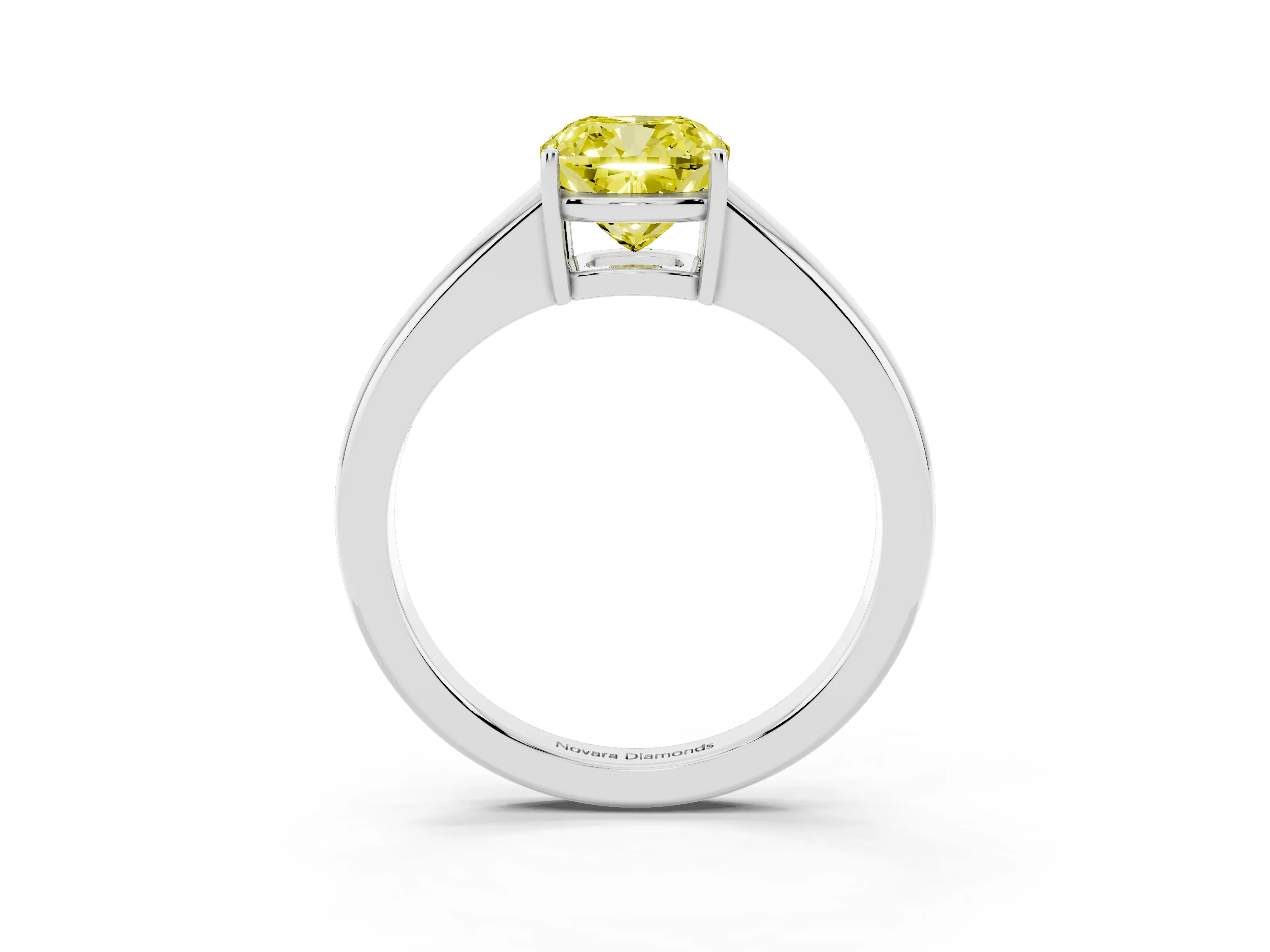 Fancy Yellow Cushion Cut Diamond Solitaire Ring Set in White gold with Tapered Band and Prong Setting