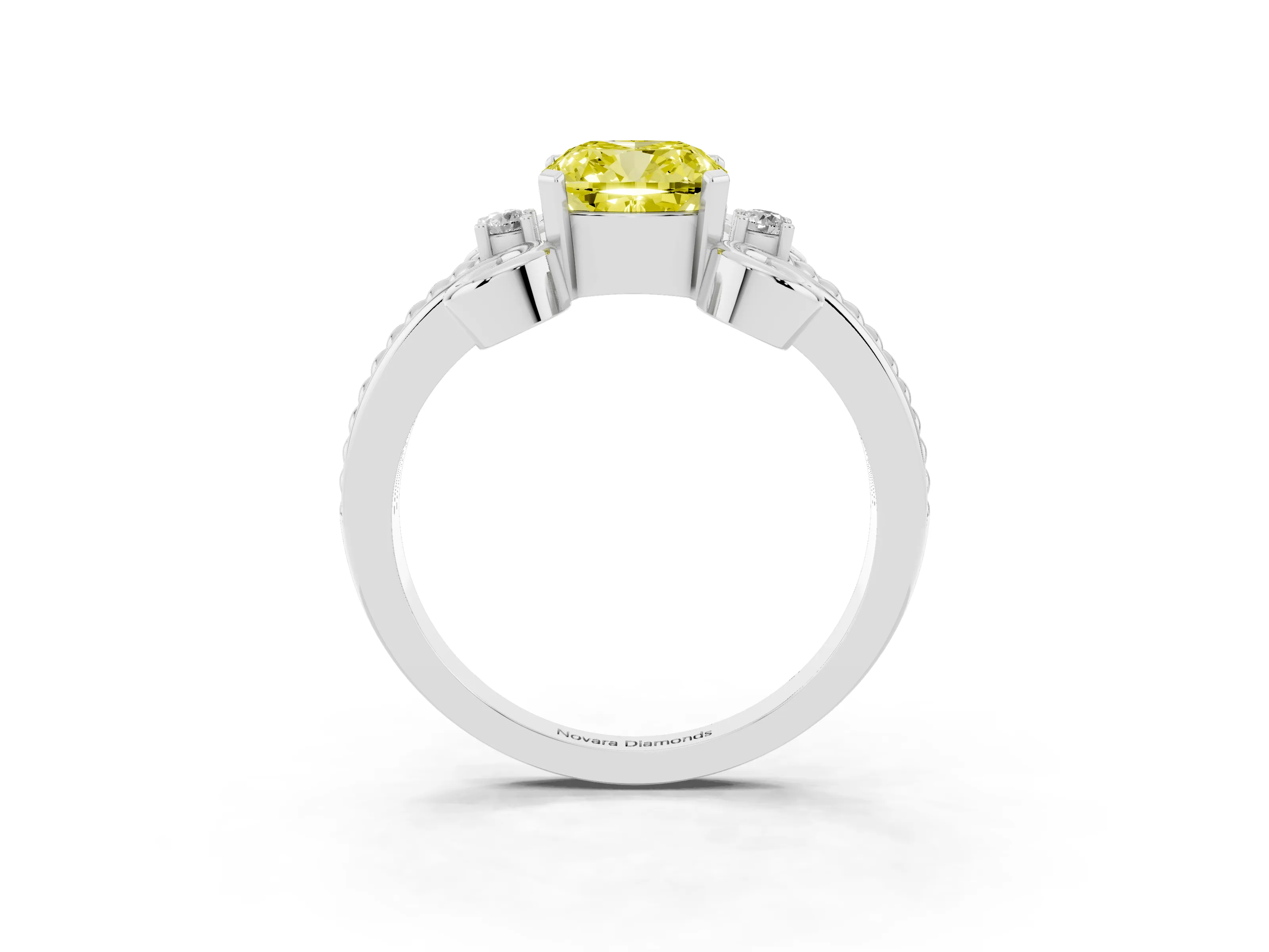 Fancy Yellow Cushion Cut Diamond Twisted Band Solitaire Ring Set in White gold with Scroll Prongs