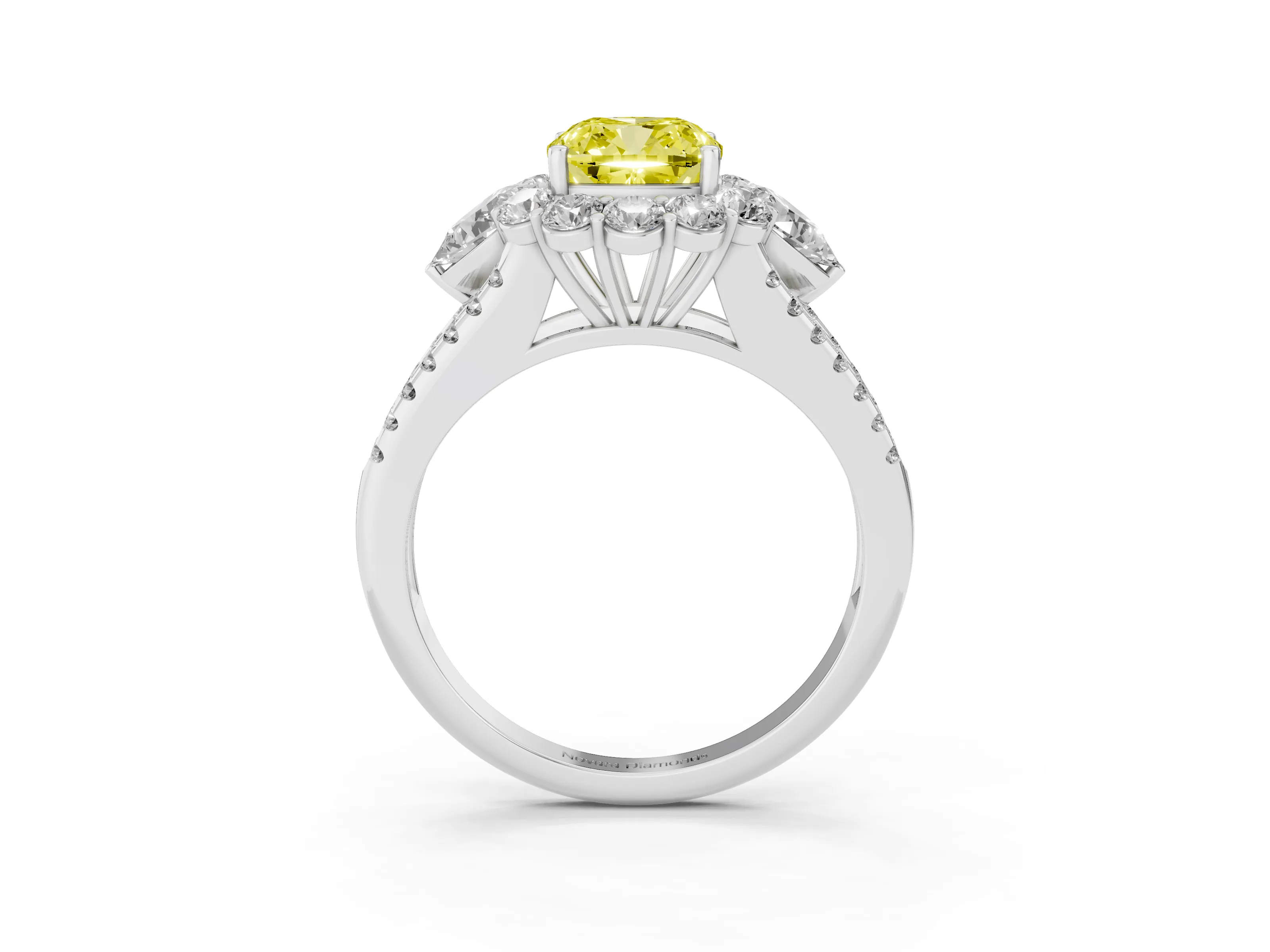 Fancy Yellow Cushion Cut Diamond Halo Split Shank Engagement Ring Set in White gold with Prong-Held Center Stone