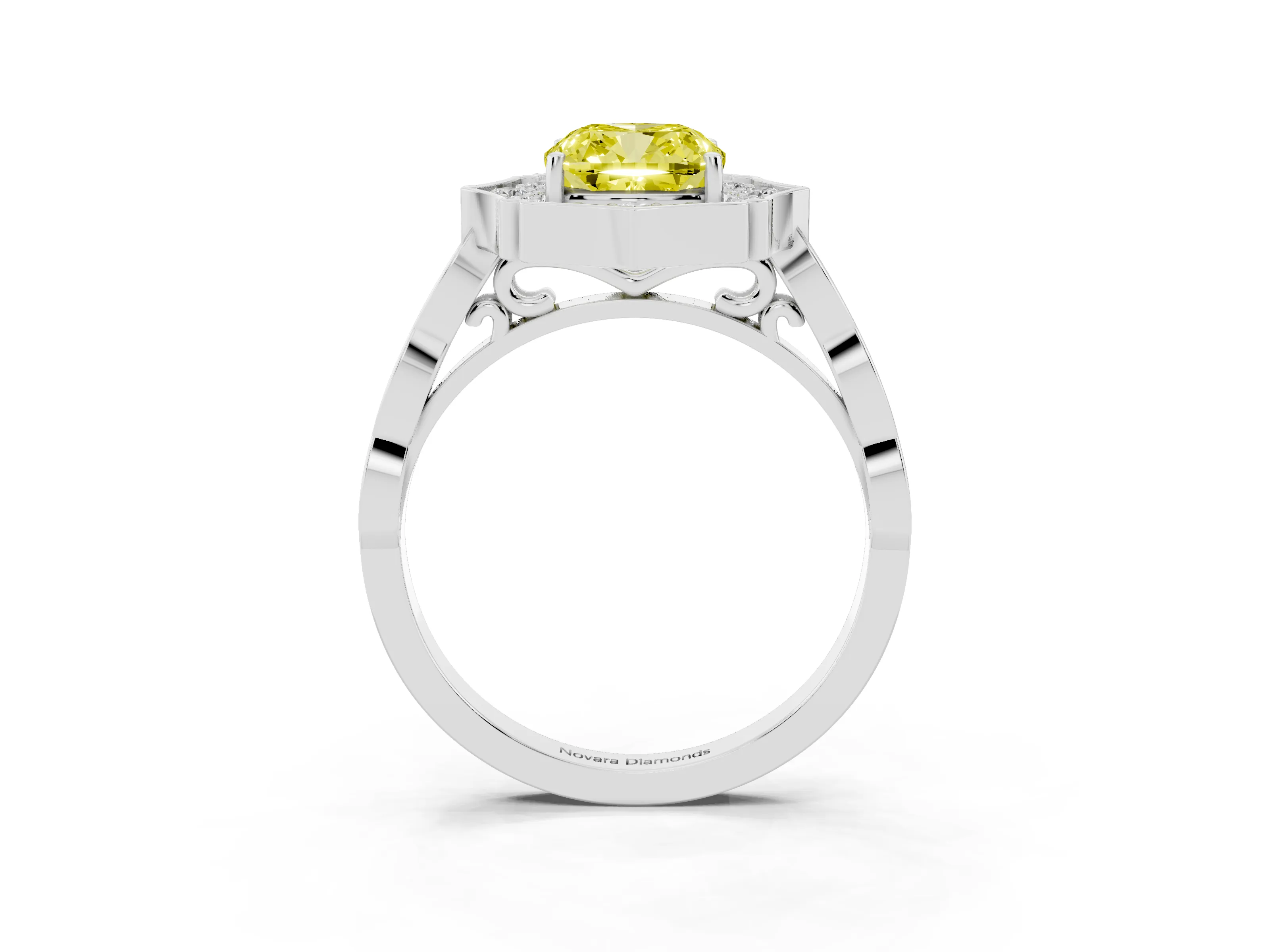 Fancy Yellow Cushion Cut Diamond Halo Engagement Ring Set in Platinum with Milgrain Band and Prong Setting