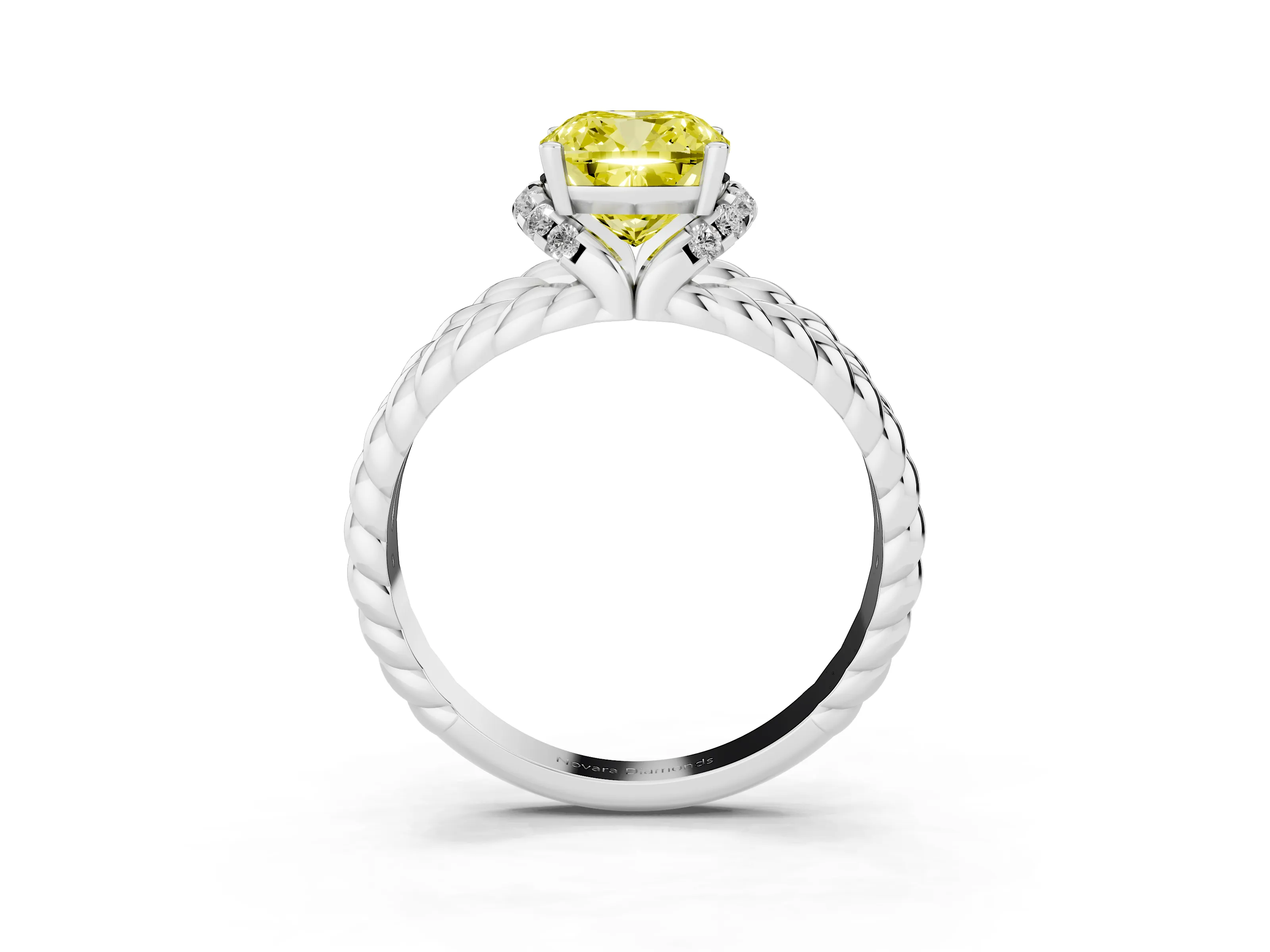Fancy Yellow Cushion Cut Diamond Halo Ring Set in White gold with Twisted Band and Prong Setting