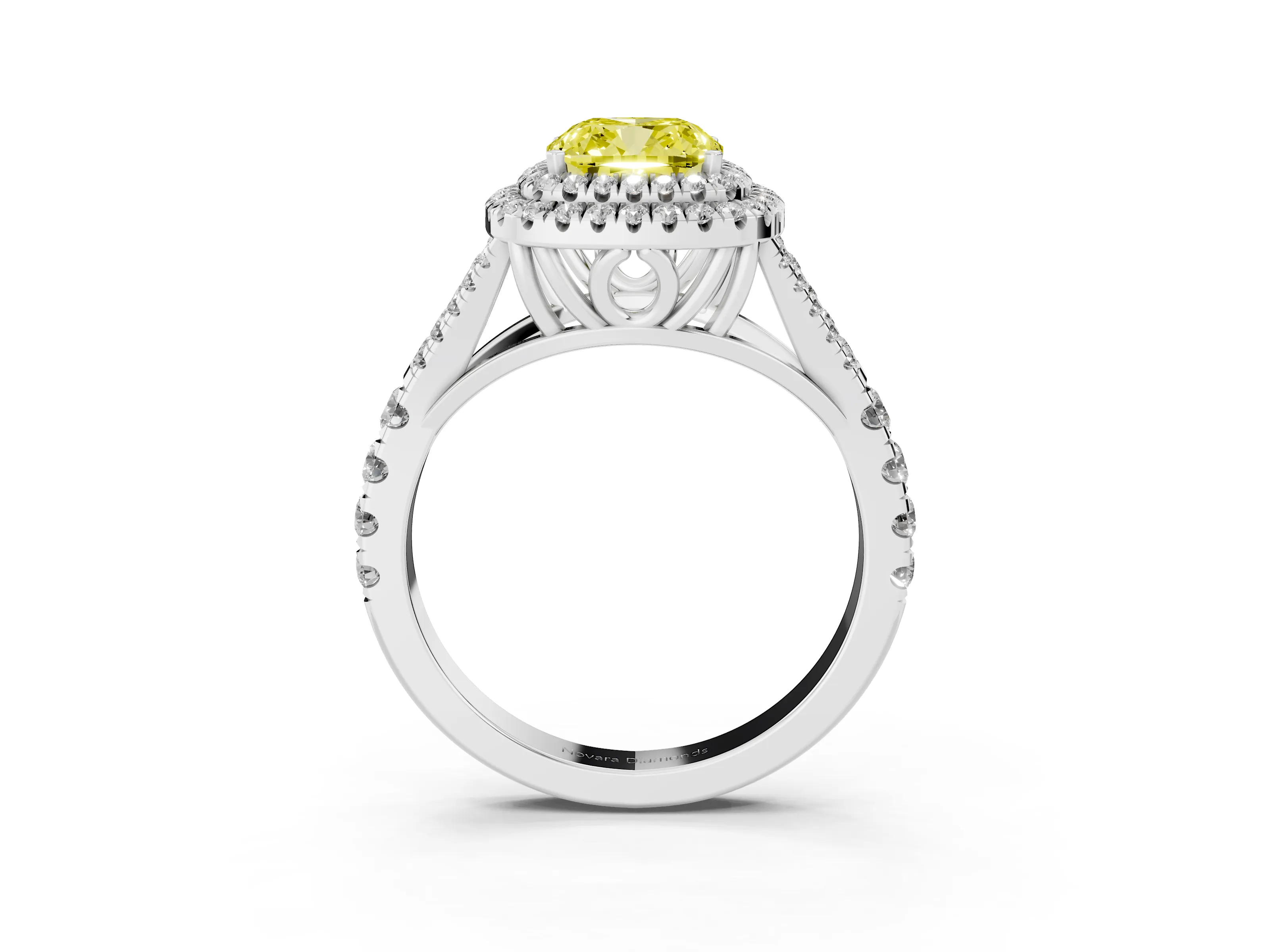Fancy Yellow Cushion Cut Diamond Pavé Split Shank Double Halo Engagement Ring Set in Platinum