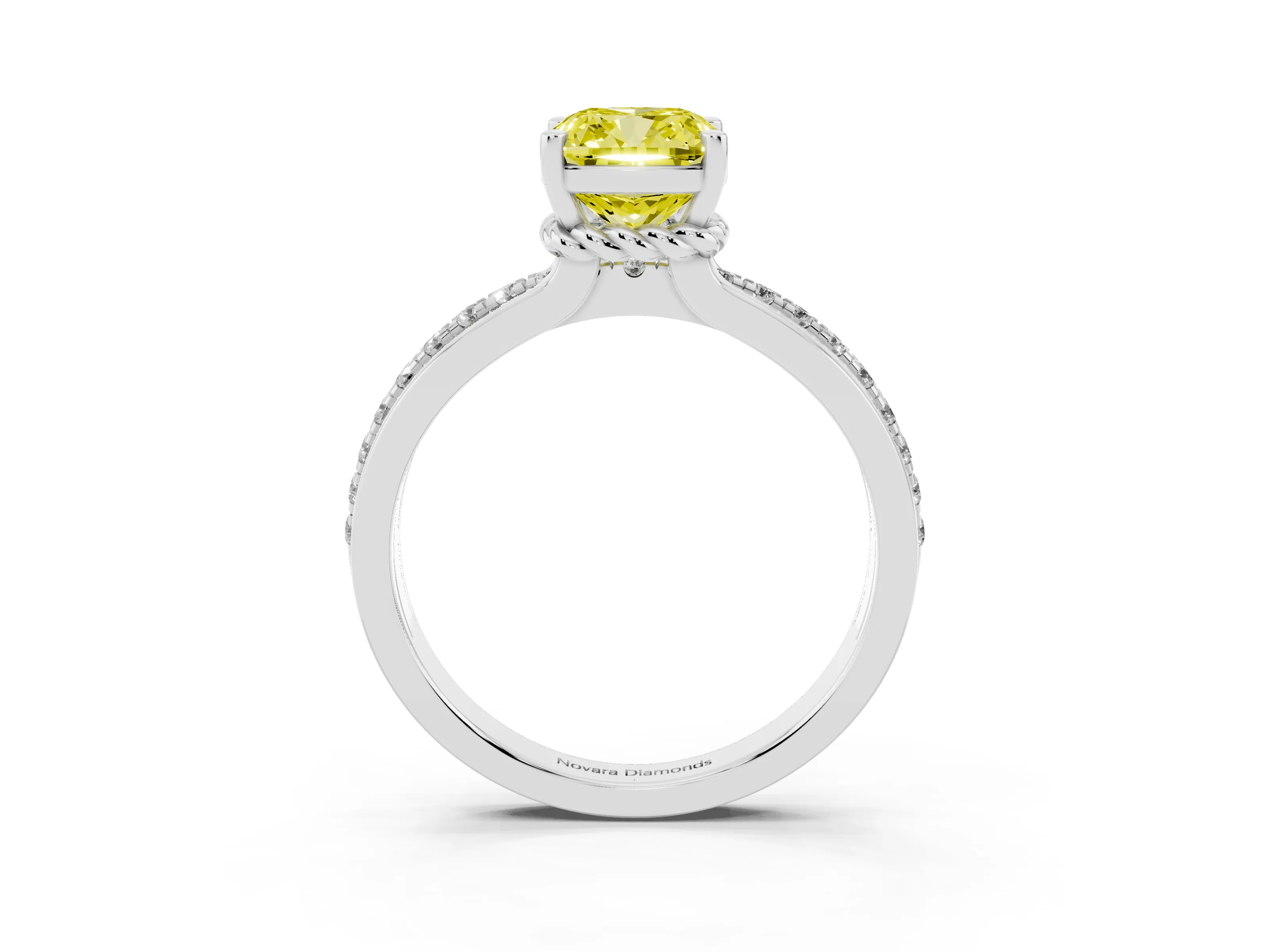 Fancy Yellow Cushion Cut Diamond Solitaire Ring Set in Silver with Channel Set Band and Prong Setting