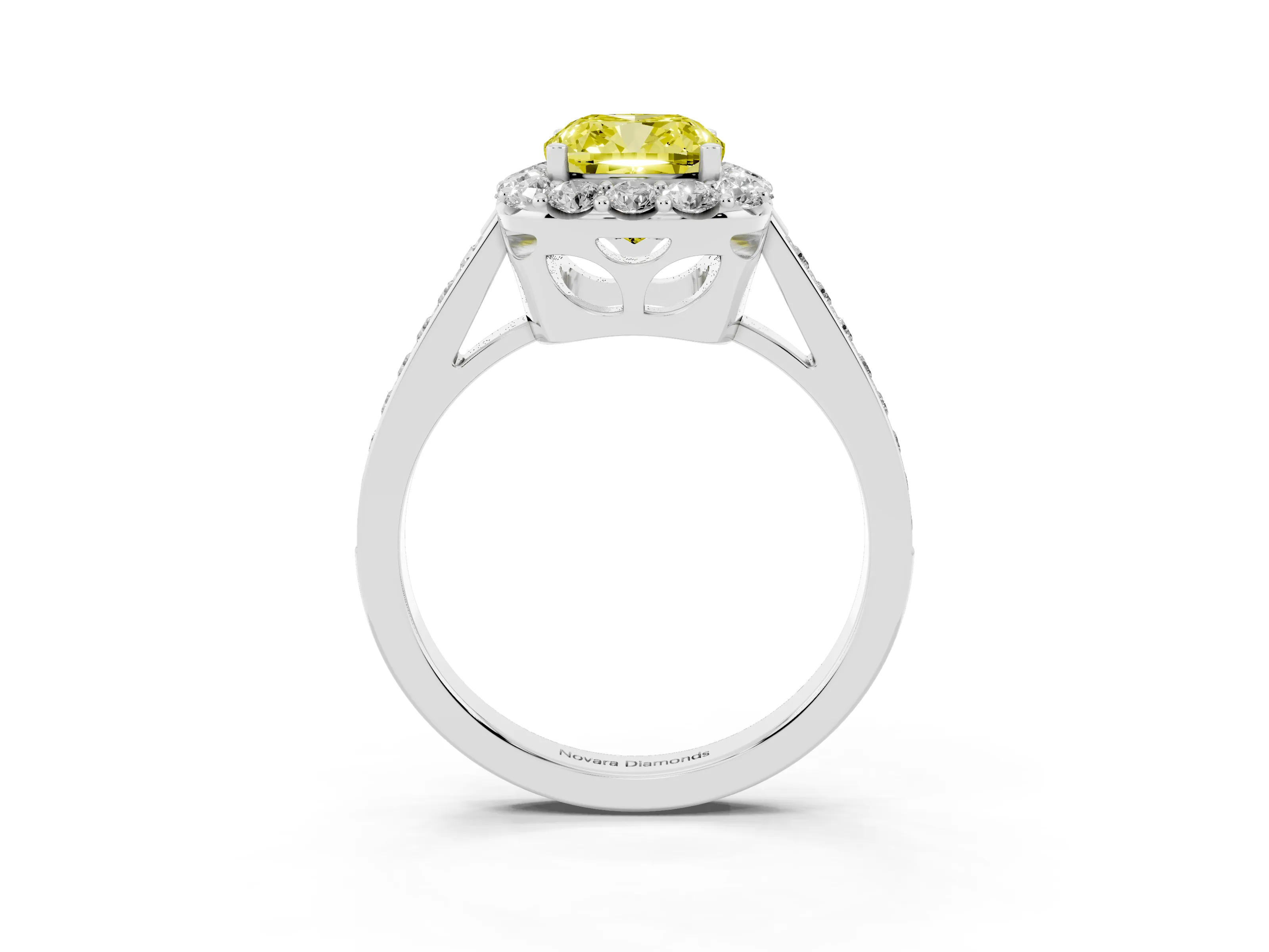 Fancy Yellow Cushion Cut Diamond Floral Halo Ring Set in White gold with Pavé Band and Prong Setting