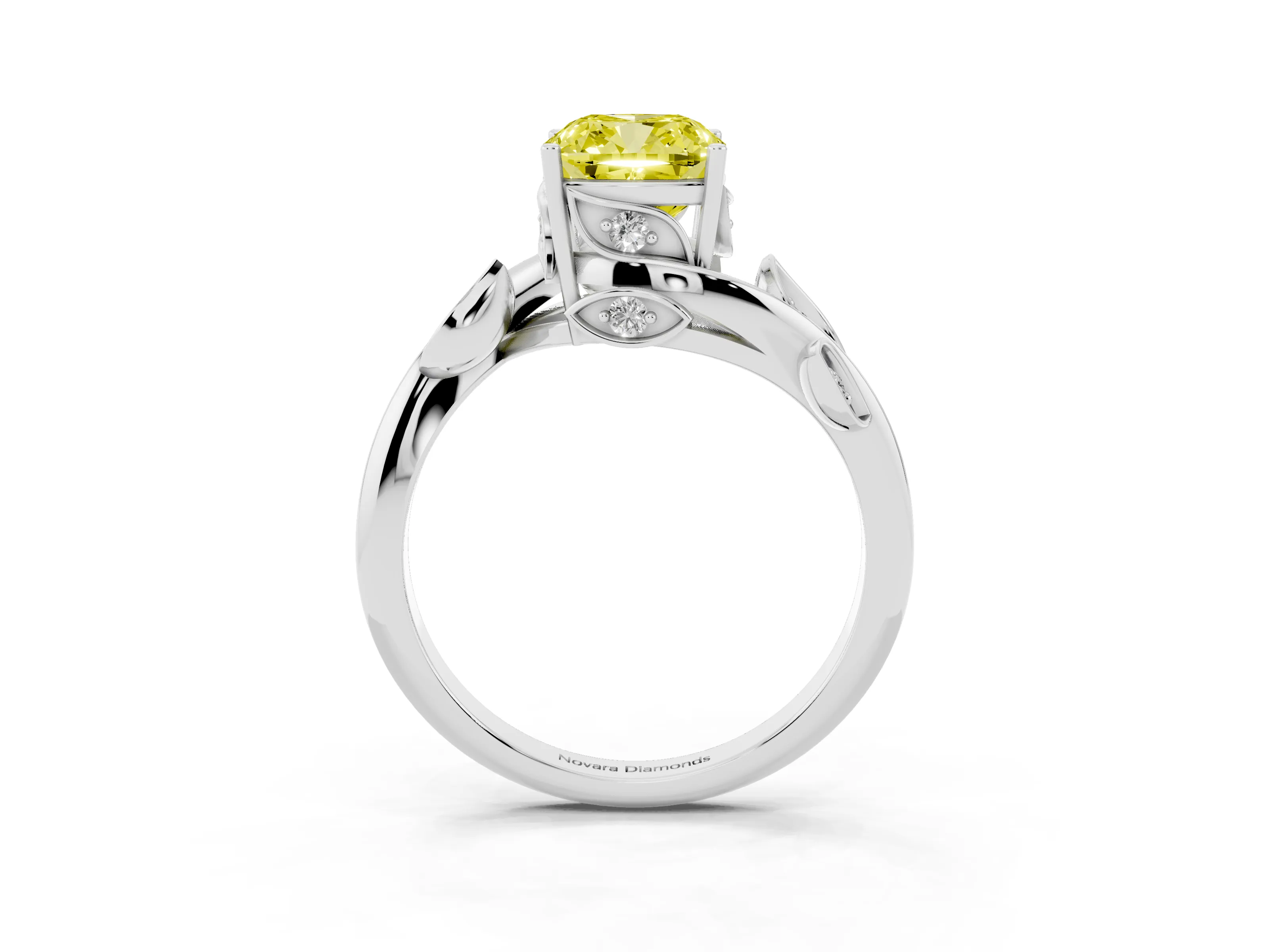 Fancy Yellow Cushion Cut Diamond Solitaire Twist Engagement Ring Set in Platinum with Pavé Leaf Accents