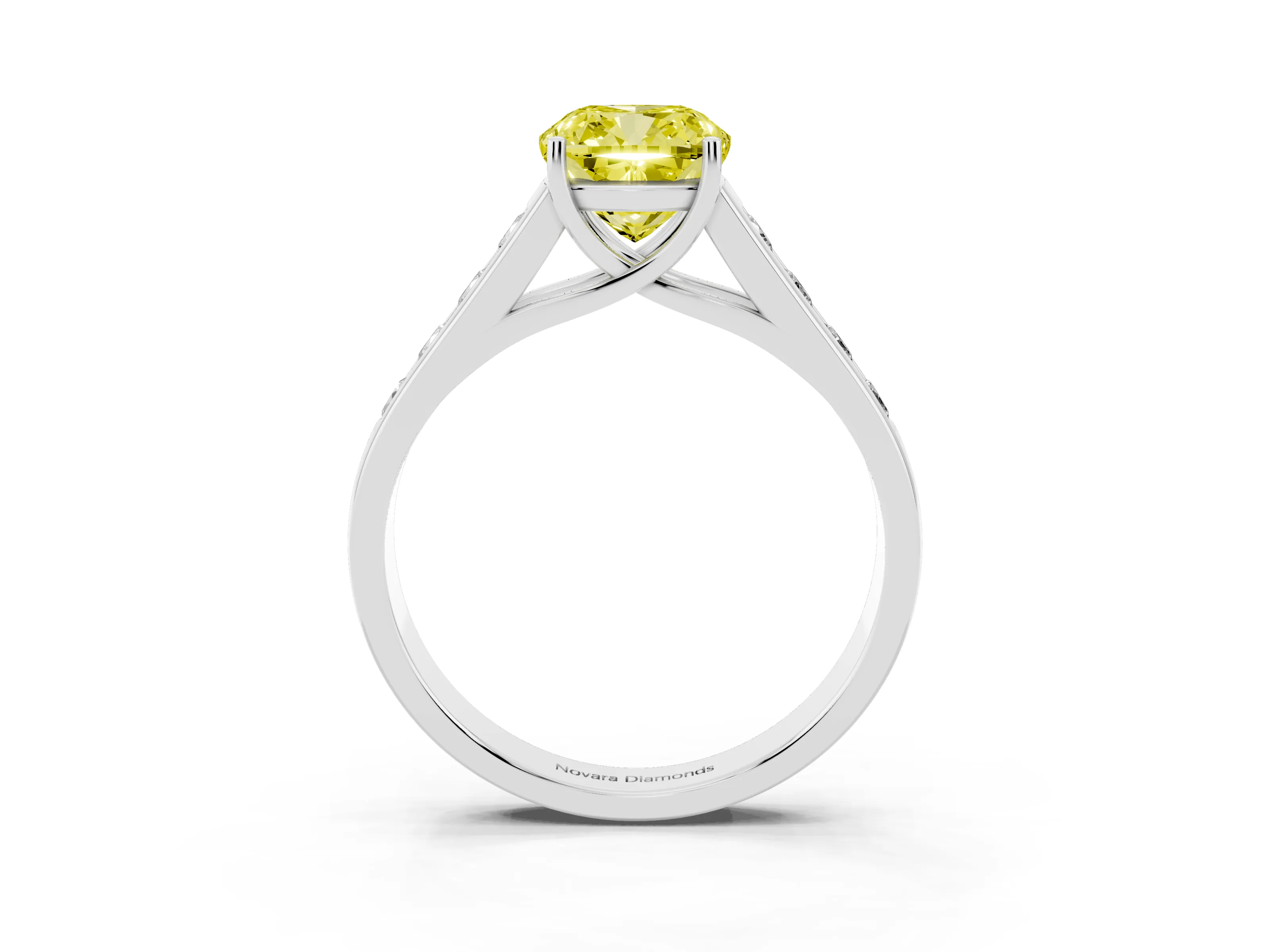 Fancy Yellow Cushion Cut Diamond Brilliant Channel-Set Solitaire Ring Set in Platinum with Prong Setting