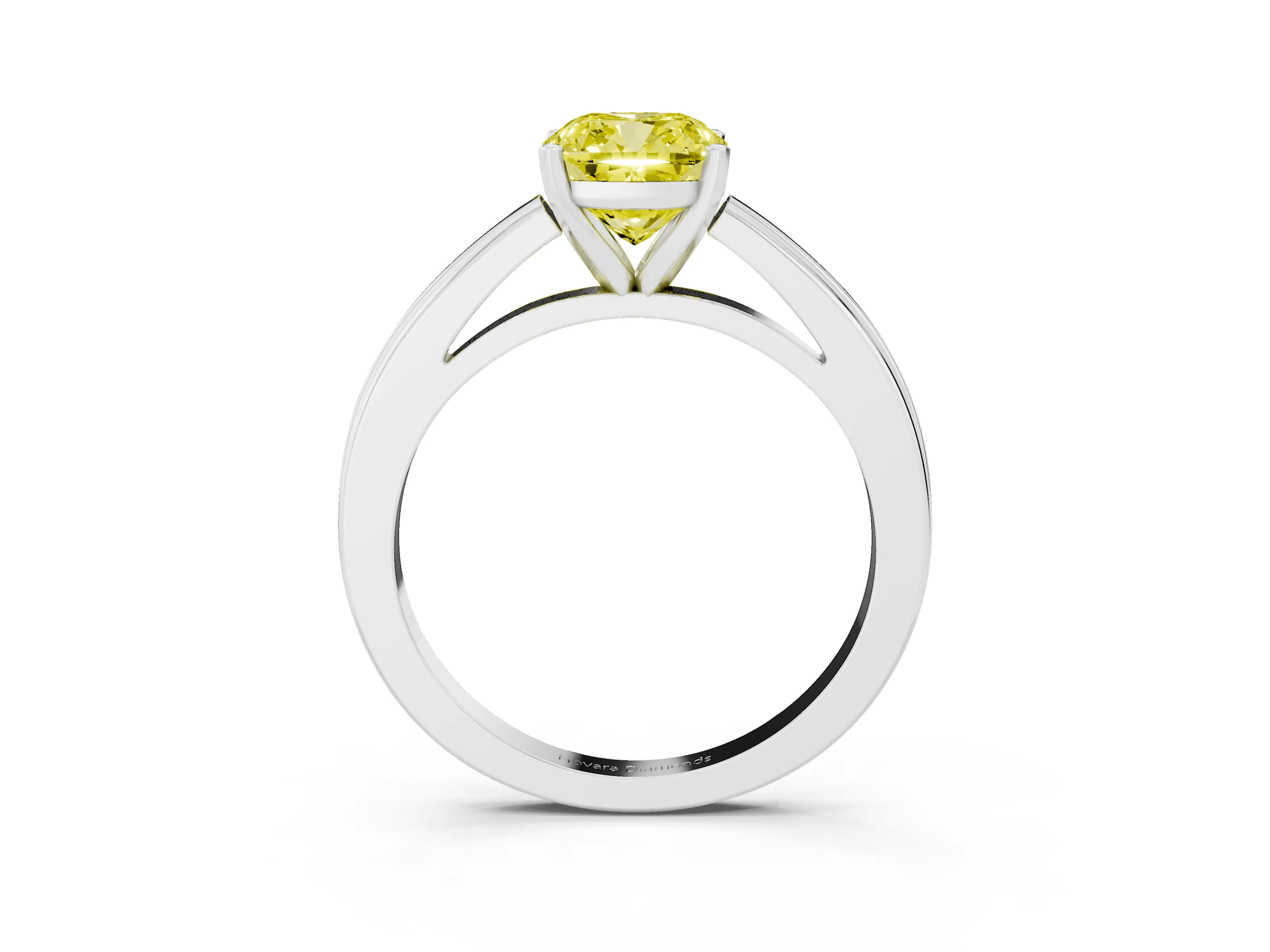 Fancy Yellow Cushion Cut Diamond Solitaire Ring Set in White gold with Prong Setting and Classic Band