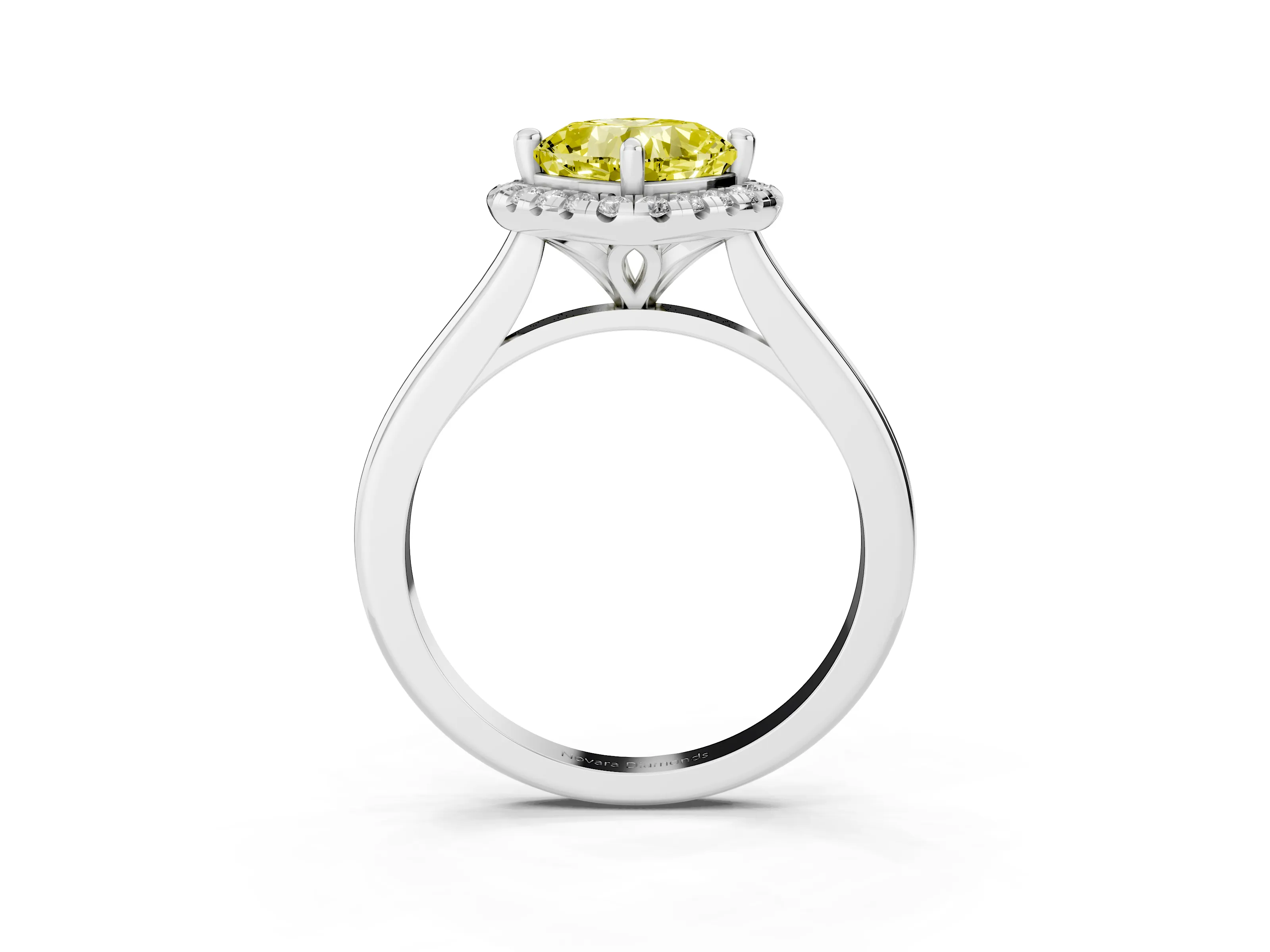 Fancy Yellow Cushion Cut Diamond Halo Engagement Ring Set in Platinum with Pavé Band and Rising Shoulders