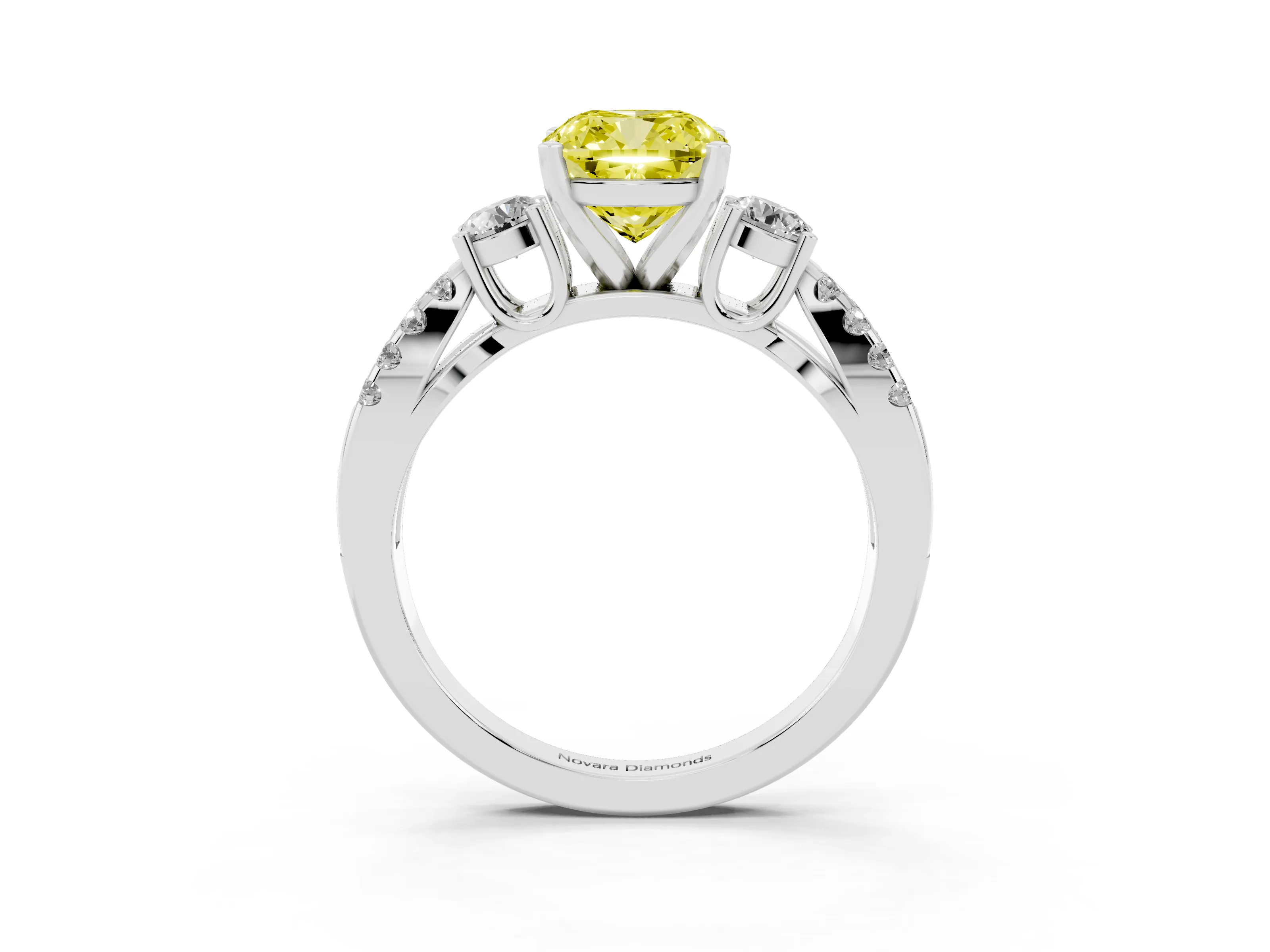 Fancy Yellow Cushion Cut Diamond Three-Stone Ring Set in White gold with Pavé Split Shank and Prong Setting