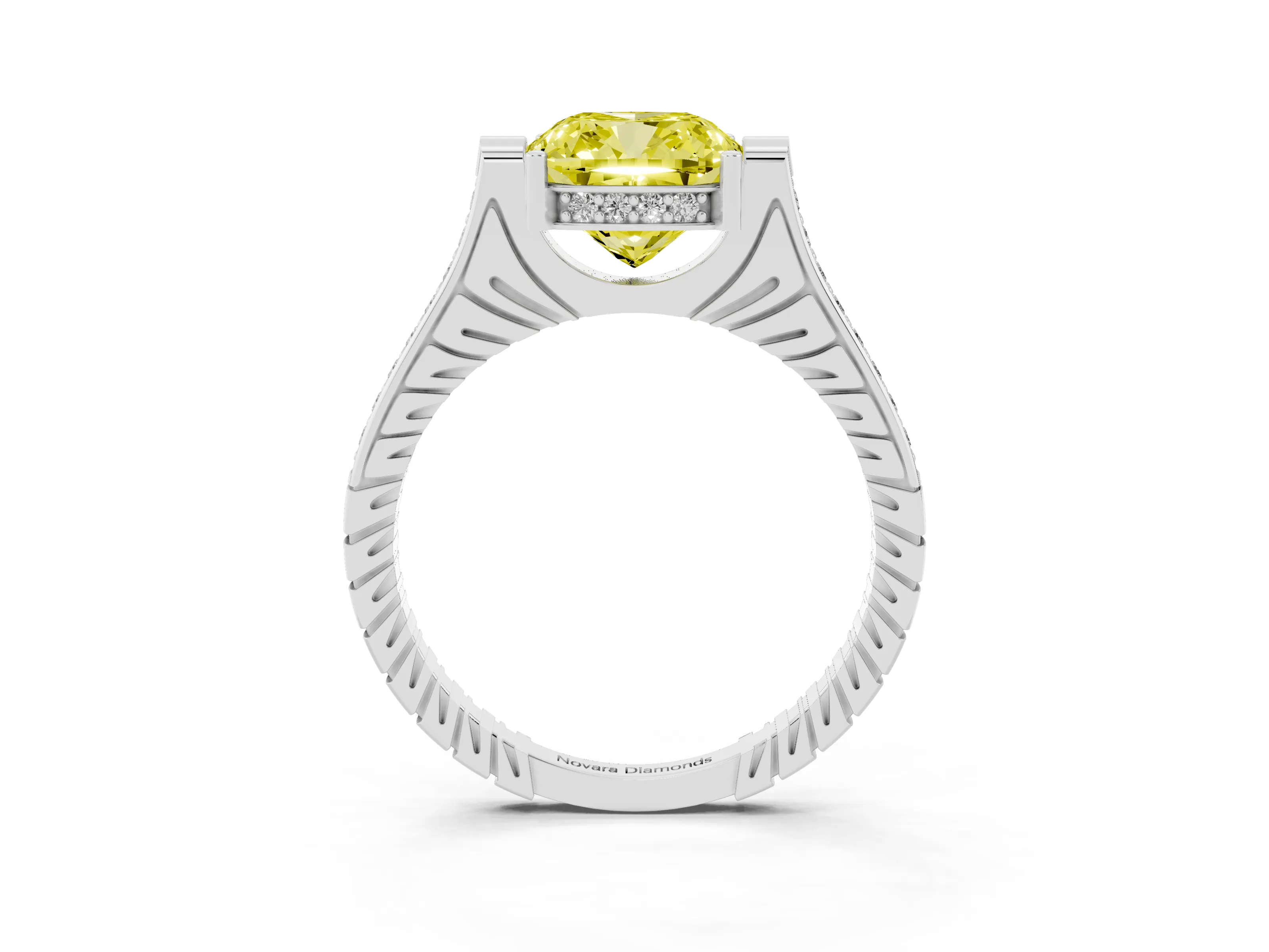 Fancy Yellow Cushion Cut Diamond Solitaire Ring Set in Platinum with Channel Set Band and Bezel Prong Setting