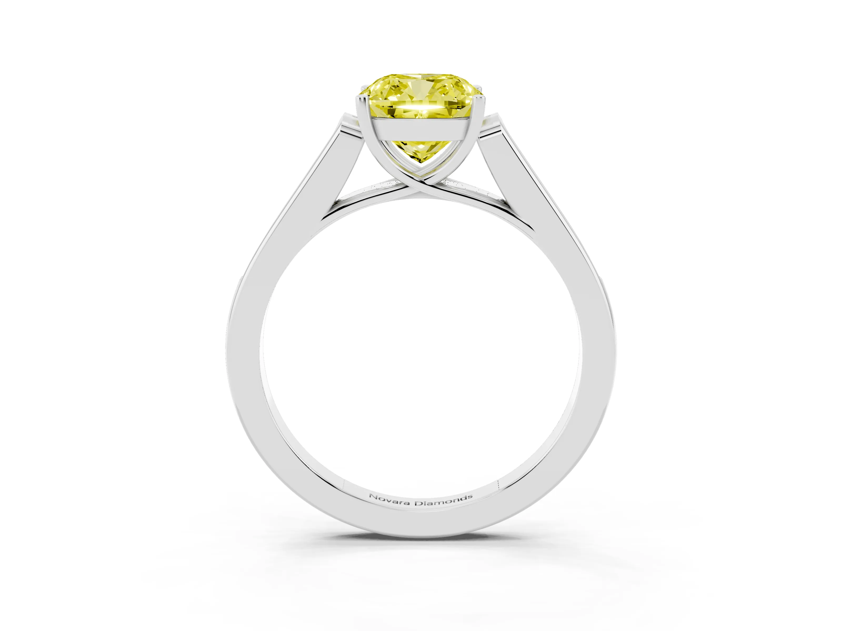 Fancy Yellow Cushion Cut Diamond Solitaire Cathedral Engagement Ring Set in Platinum with Channel-Set Band and Prong Setting
