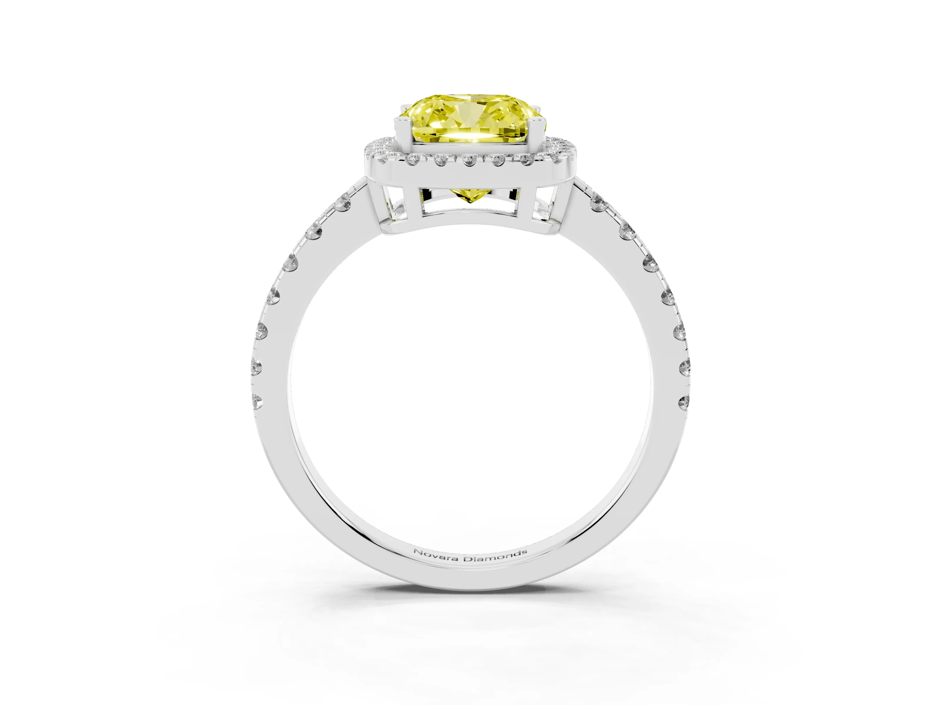 Fancy Yellow Cushion Cut Diamond Halo Ring Set in White gold with Delicate Pavé Band and Prong Setting