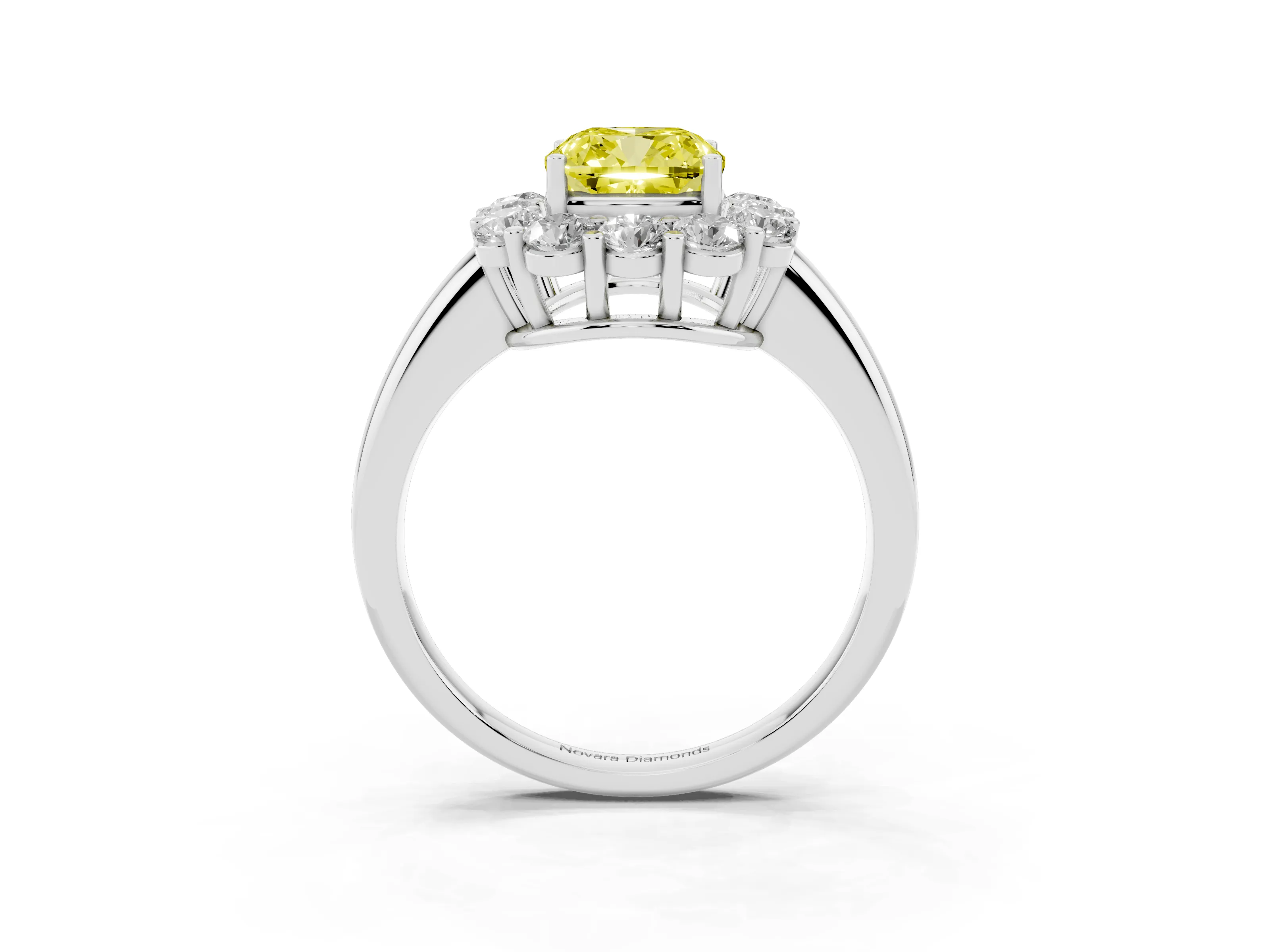 Fancy Yellow Cushion Cut Diamond Halo Cluster Engagement Ring Set in Platinum with Polished Band and Prong Setting
