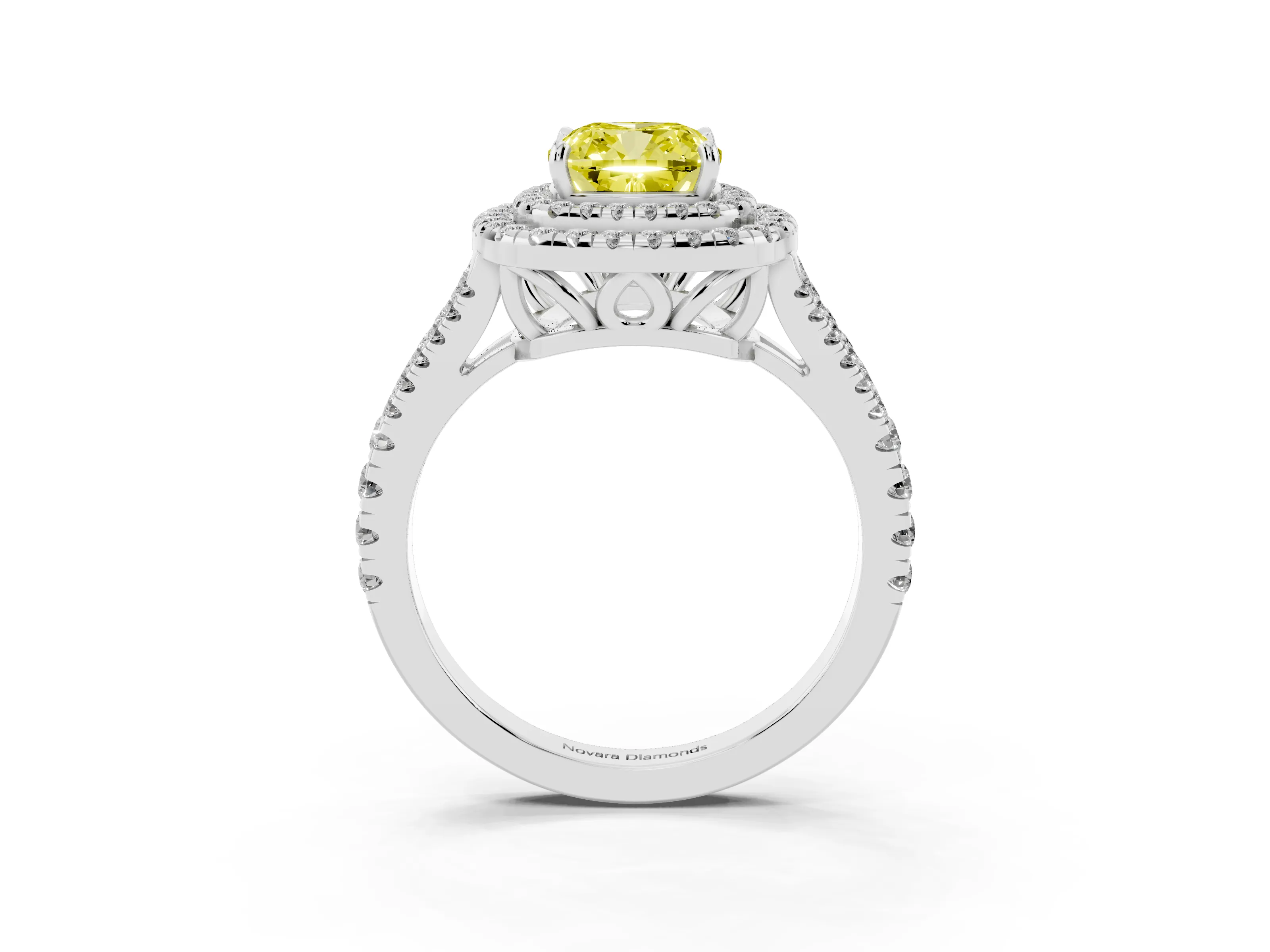 Fancy Yellow Cushion Cut Diamond Double Halo Ring Set in Platinum with Pavé Band