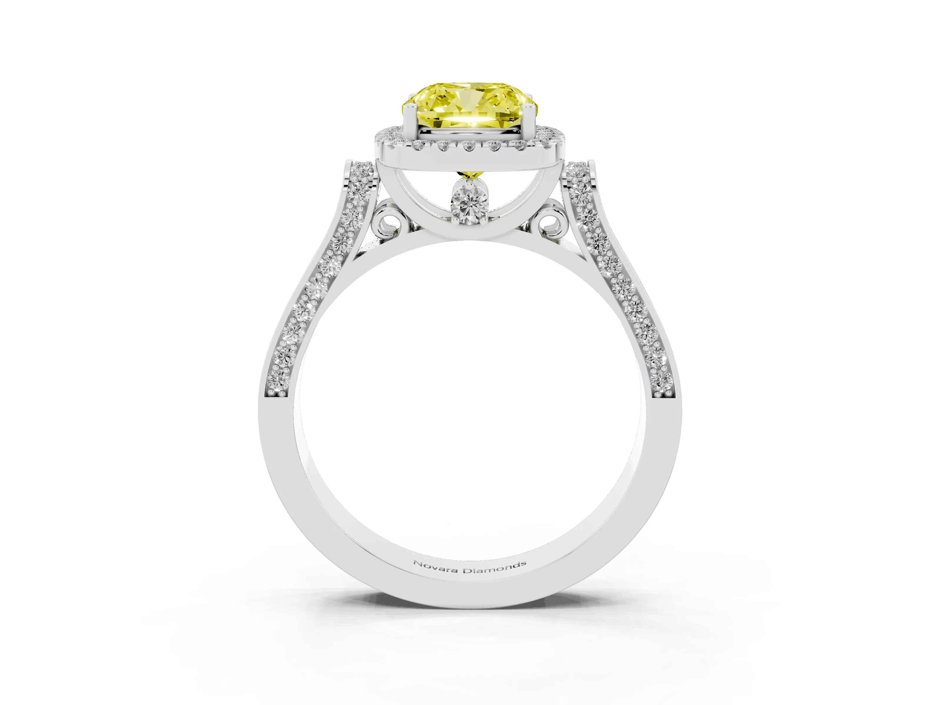 Fancy Yellow Cushion Cut Diamond Halo Ring Set in Platinum with Pavé-Lined Split Shank Band