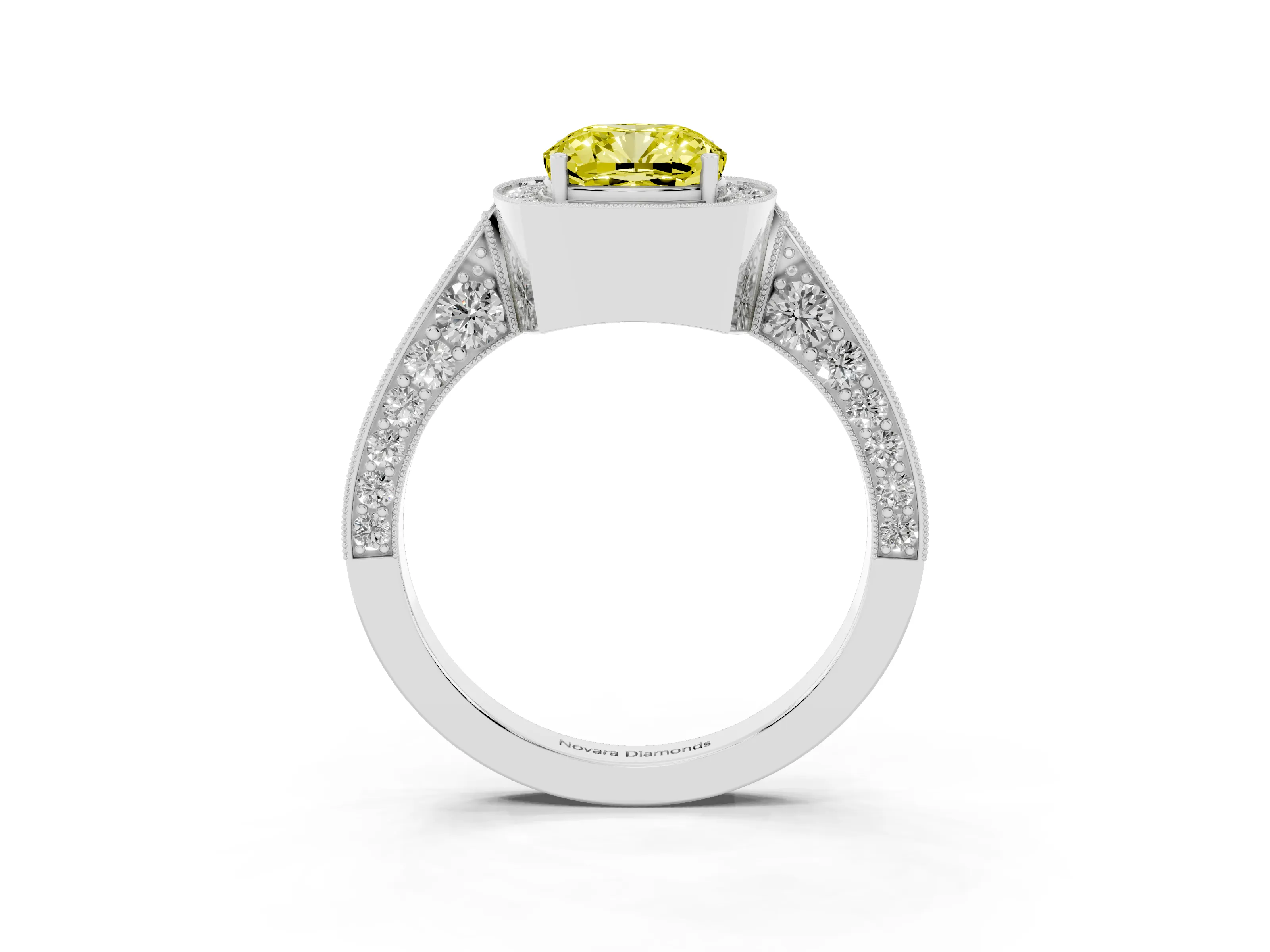Fancy Yellow Cushion Cut Diamond Halo Engagement Ring Set in Silver with Accent Split Shank Band