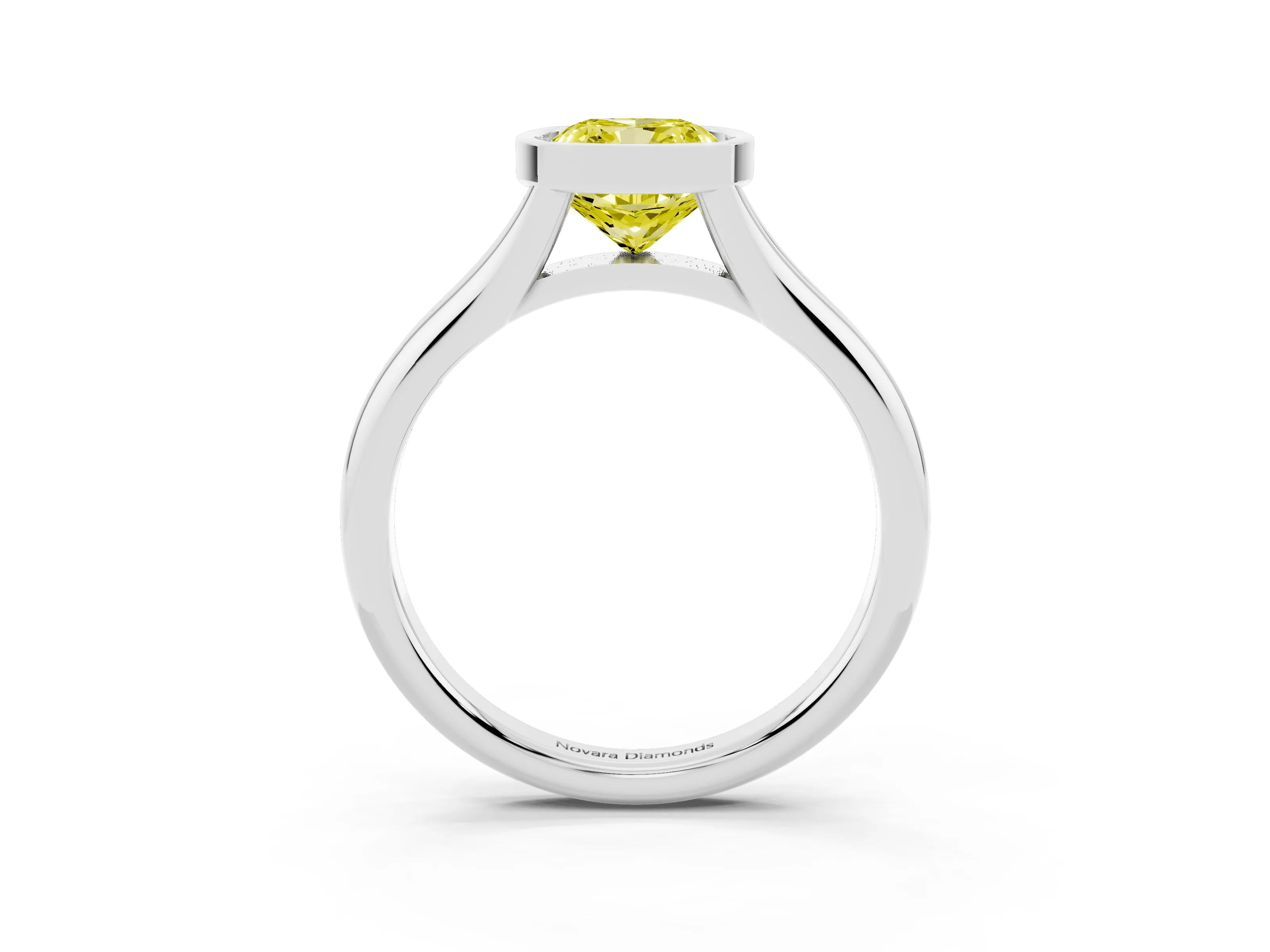 Fancy Yellow Bezel Set Cushion Cut Diamond Solitaire Ring Set in Silver with Smooth Band