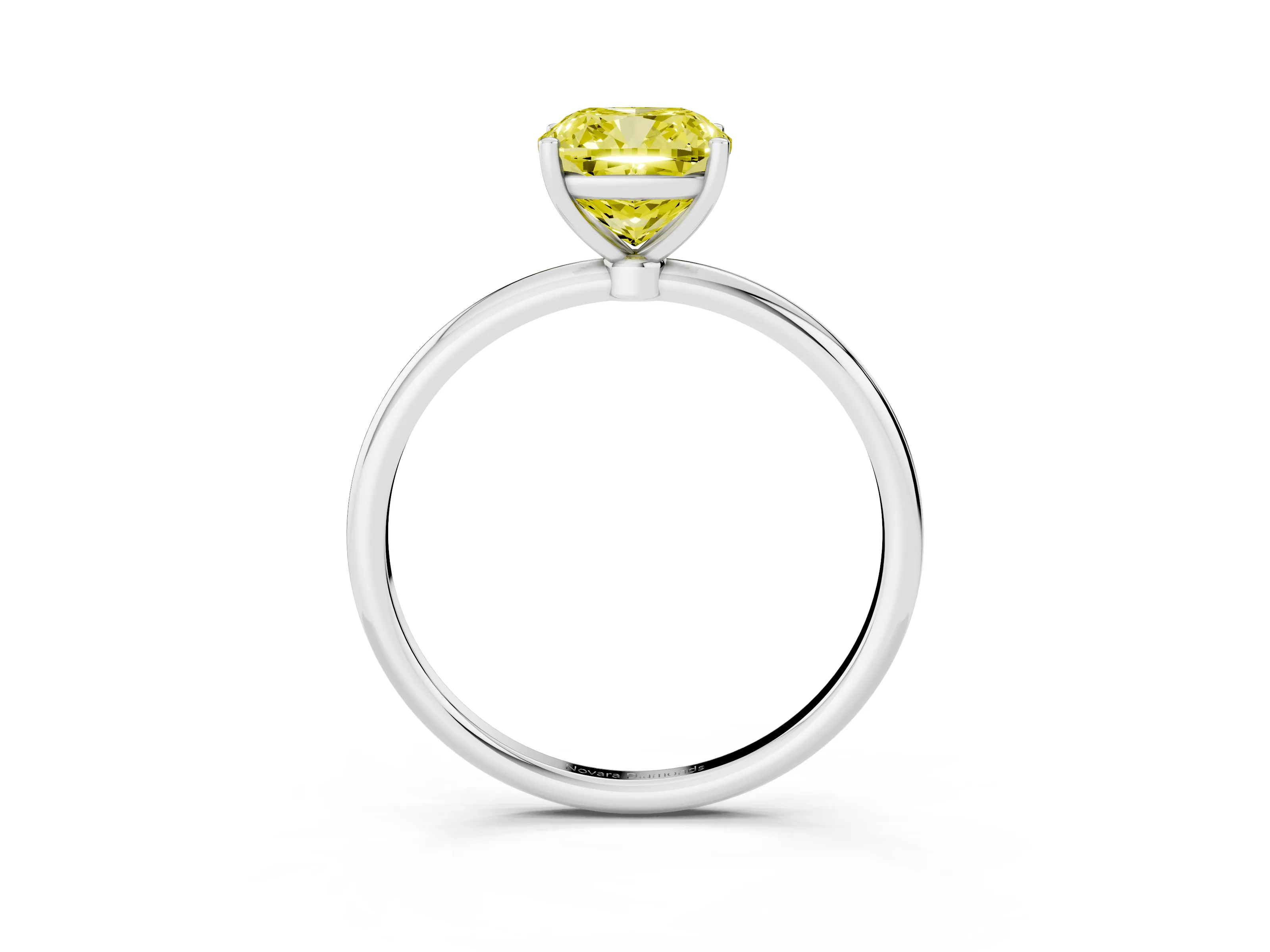 Fancy Yellow Cushion Cut Diamond Solitaire Engagement Ring Set in White gold with Thin Band and Prong Setting