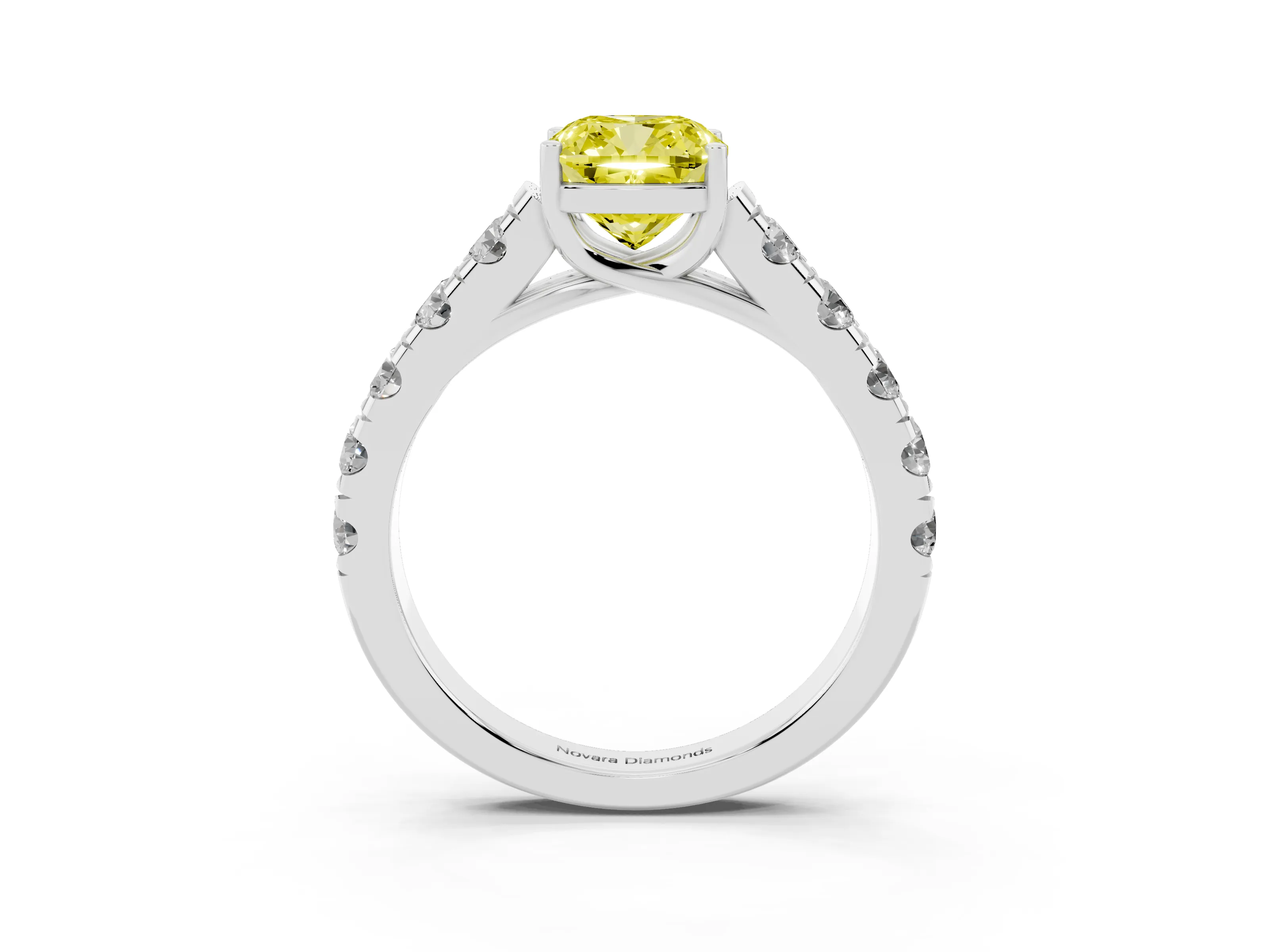 Fancy Yellow Cushion Cut Diamond Solitaire Ring Set in Platinum with Cut-Down Micro Pavé Band and Prong Setting