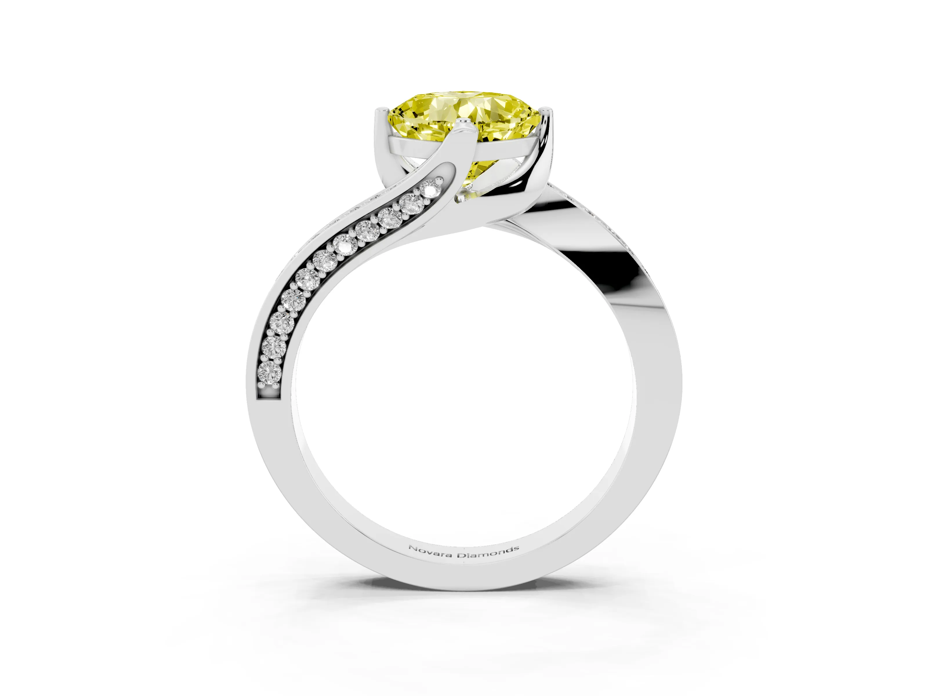 Fancy Yellow Cushion Cut Diamond Solitaire Ring Set in Silver with Intertwined Pavé Twist Band