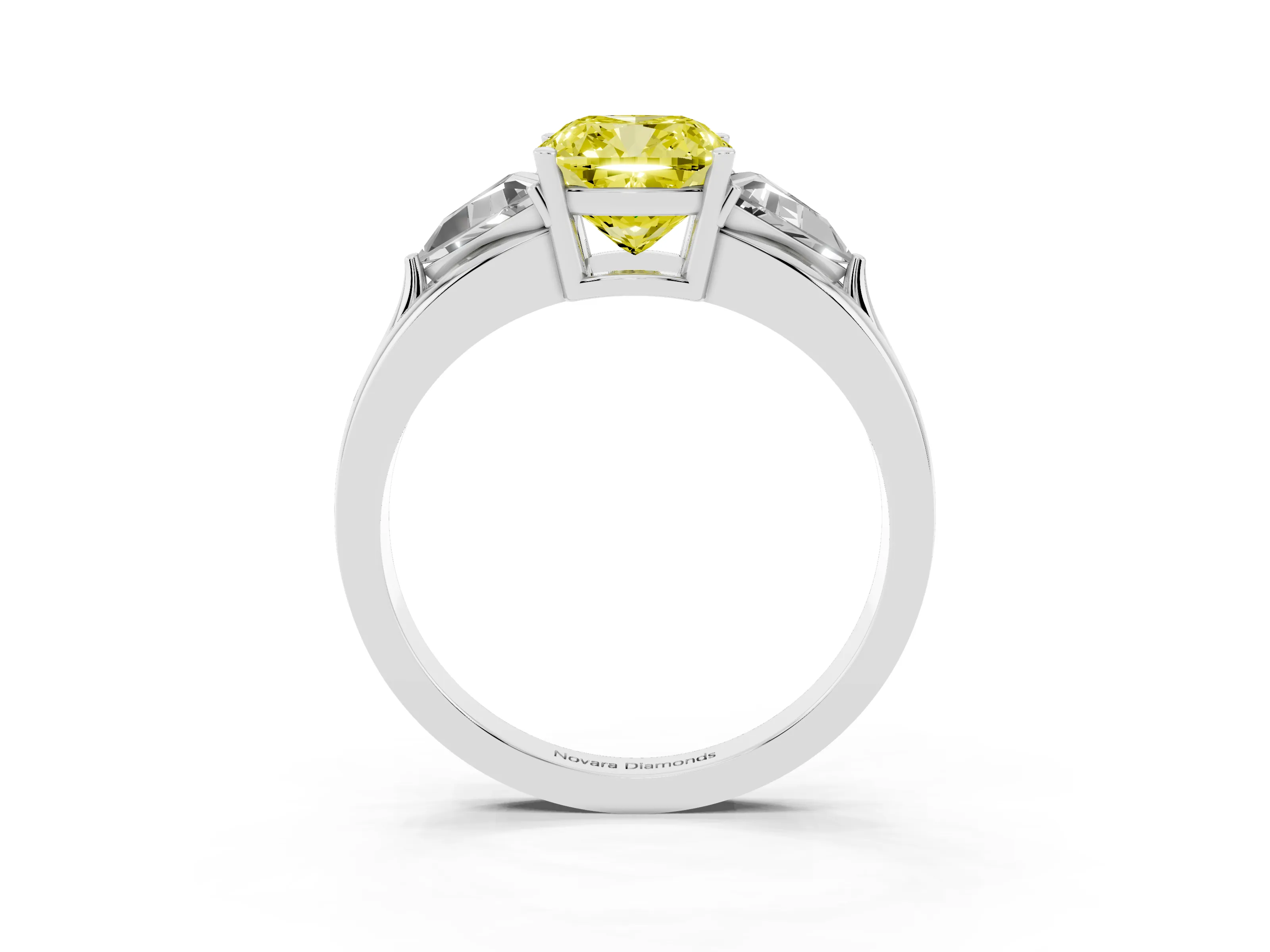 Fancy Yellow Cushion Cut Diamond Three-Stone Ring Set in White gold with Trillion Side Stones and Split Shank